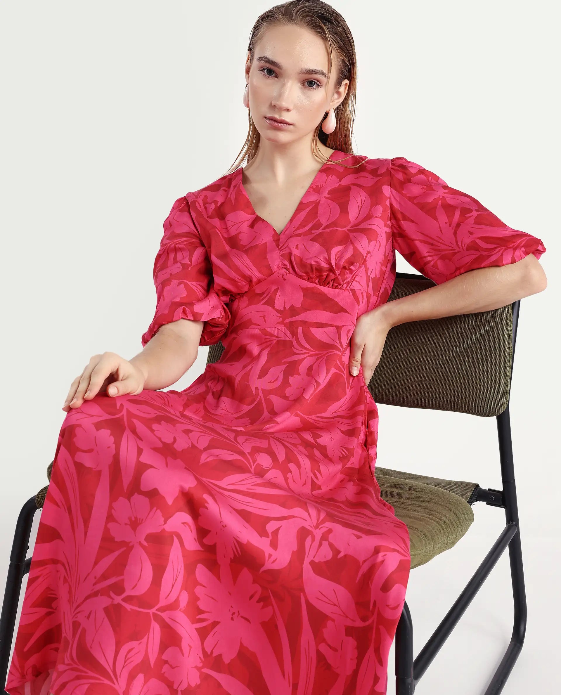 Rareism Women's Somkin Pink Modal V-Neck Floral Print Balloon Sleeve Midi A-Line Dress