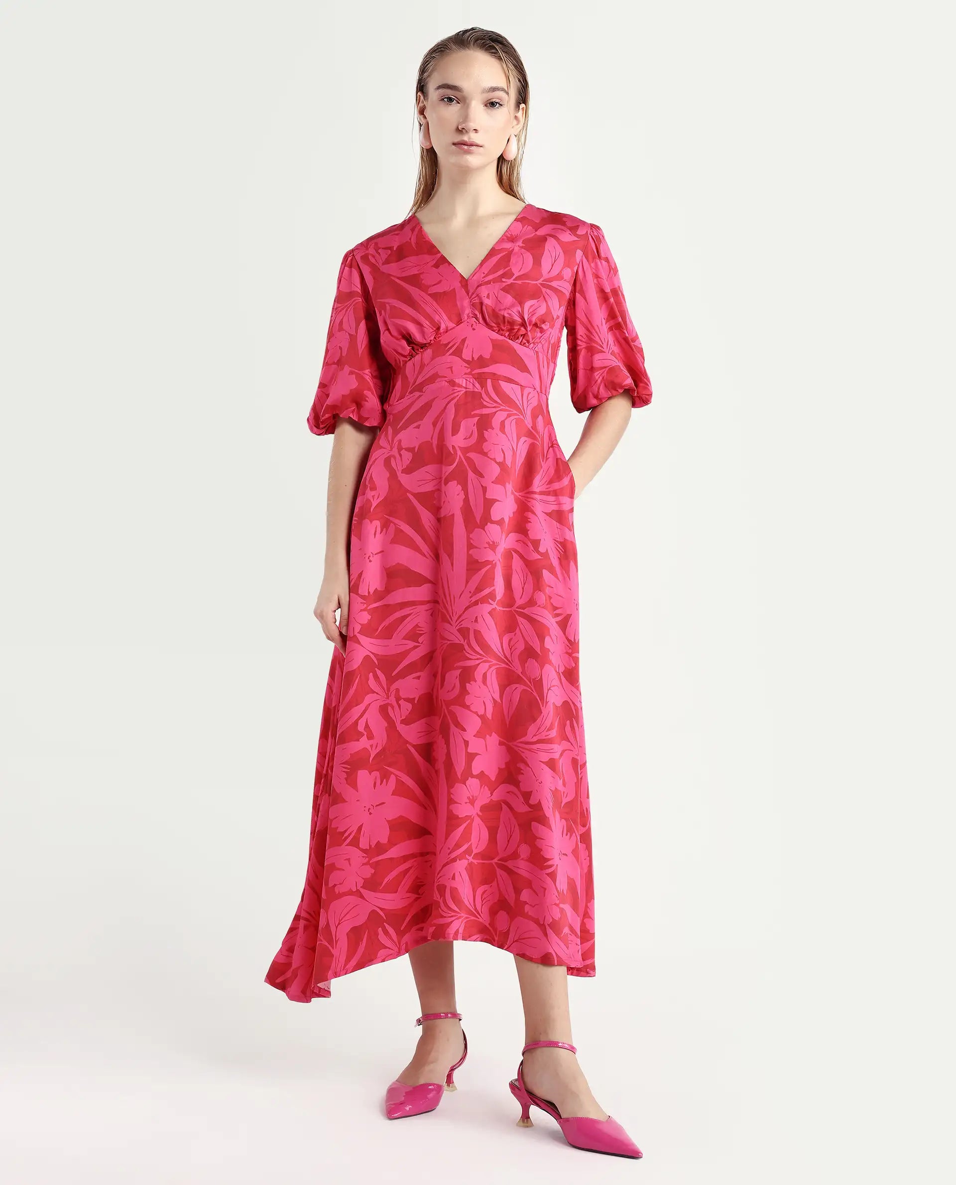 Rareism Women's Somkin Pink Modal V-Neck Floral Print Balloon Sleeve Midi A-Line Dress