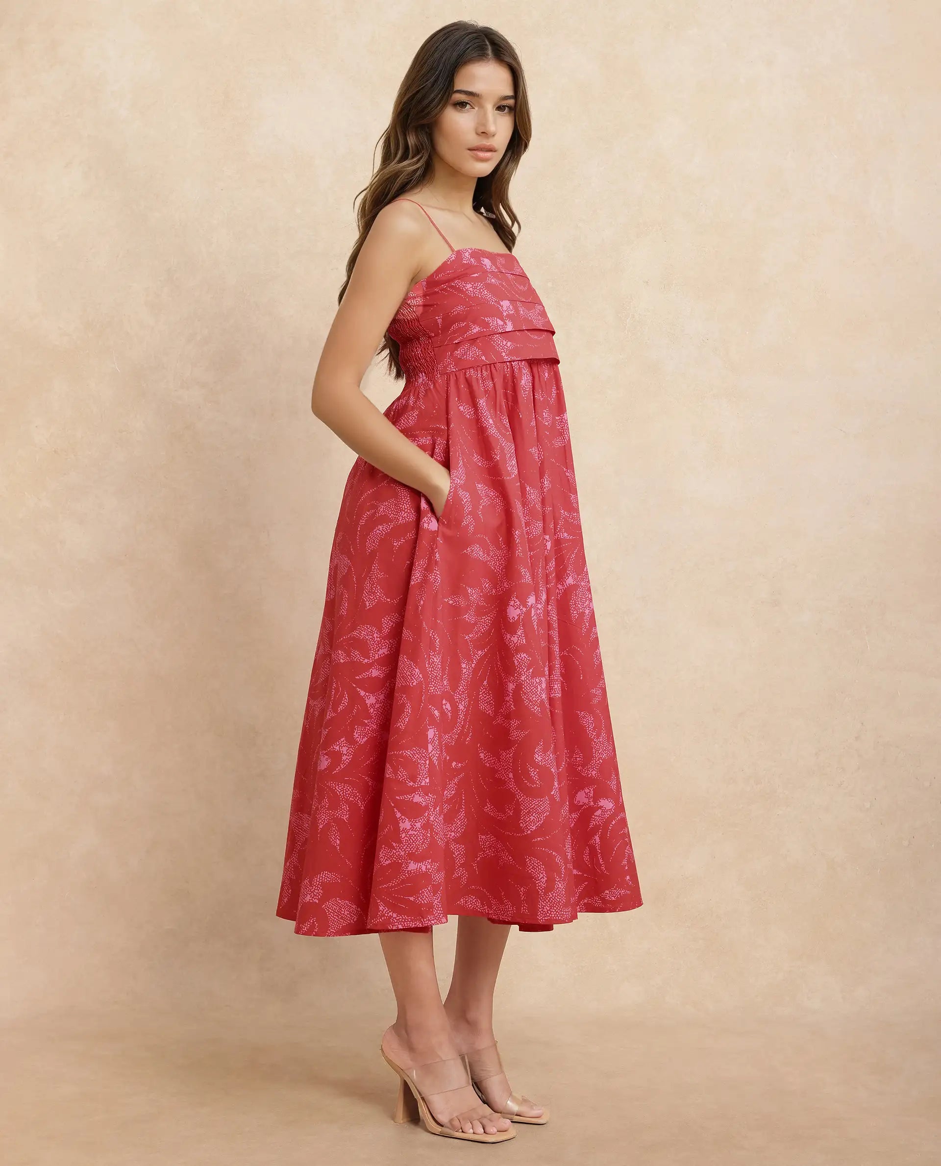 Rareism Women Somkir Red Cotton Fabric Sleeveless Tube Neck Fit And Flare Midi Abstract Print Dress