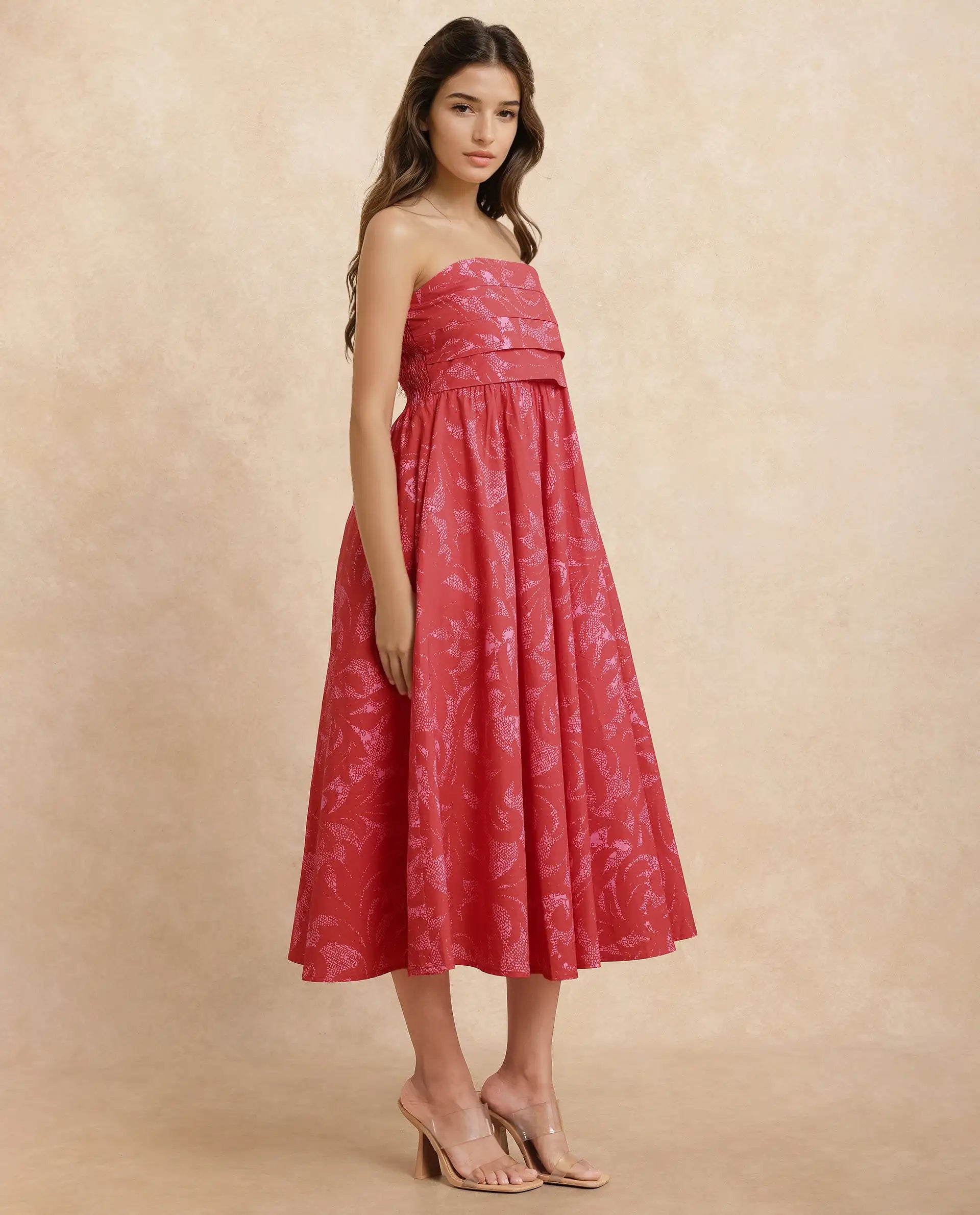 Rareism Women Somkir Red Cotton Fabric Sleeveless Tube Neck Fit And Flare Midi Abstract Print Dress