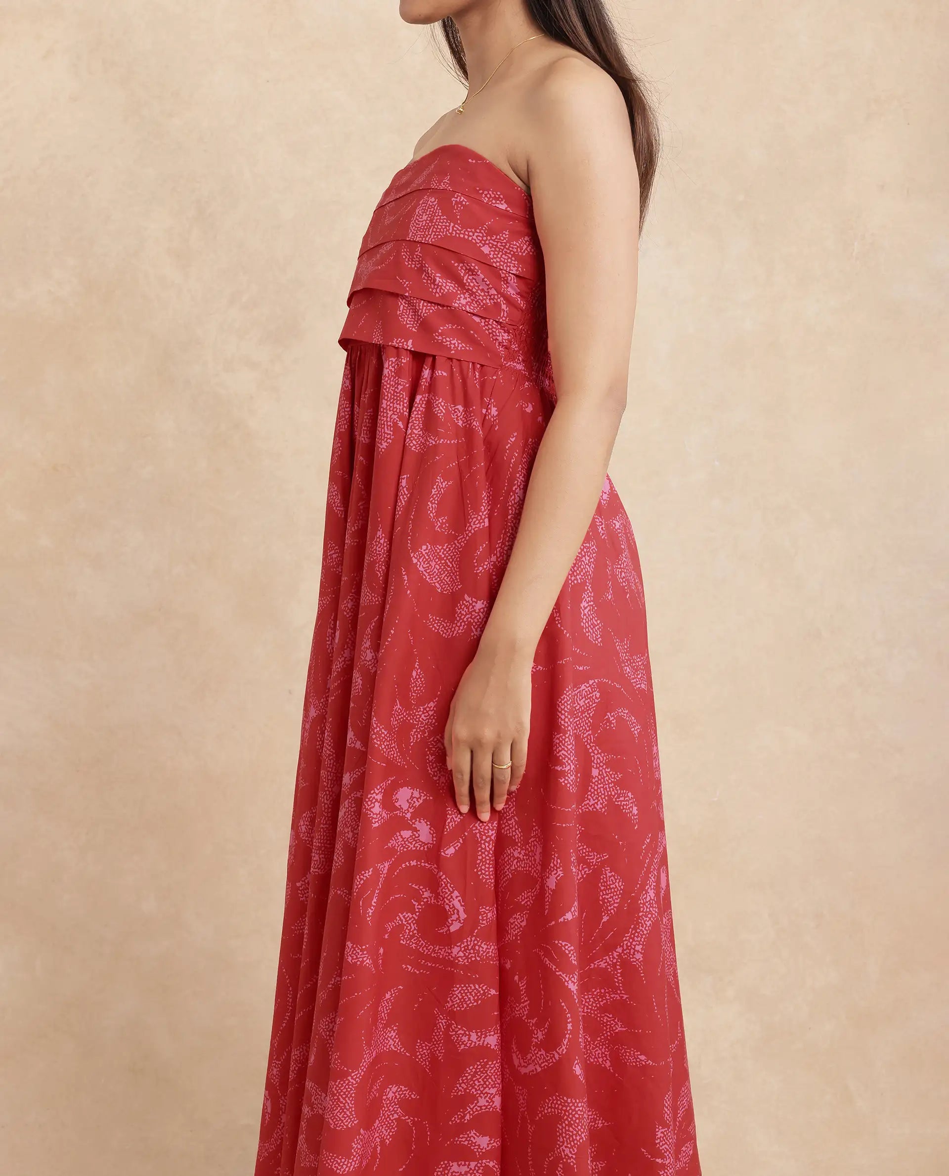 Rareism Women Somkir Red Cotton Fabric Sleeveless Tube Neck Fit And Flare Midi Abstract Print Dress