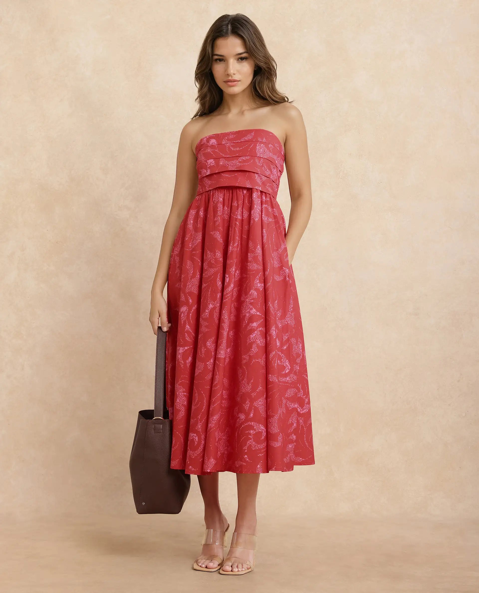 Rareism Women Somkir Red Cotton Fabric Sleeveless Tube Neck Fit And Flare Midi Abstract Print Dress