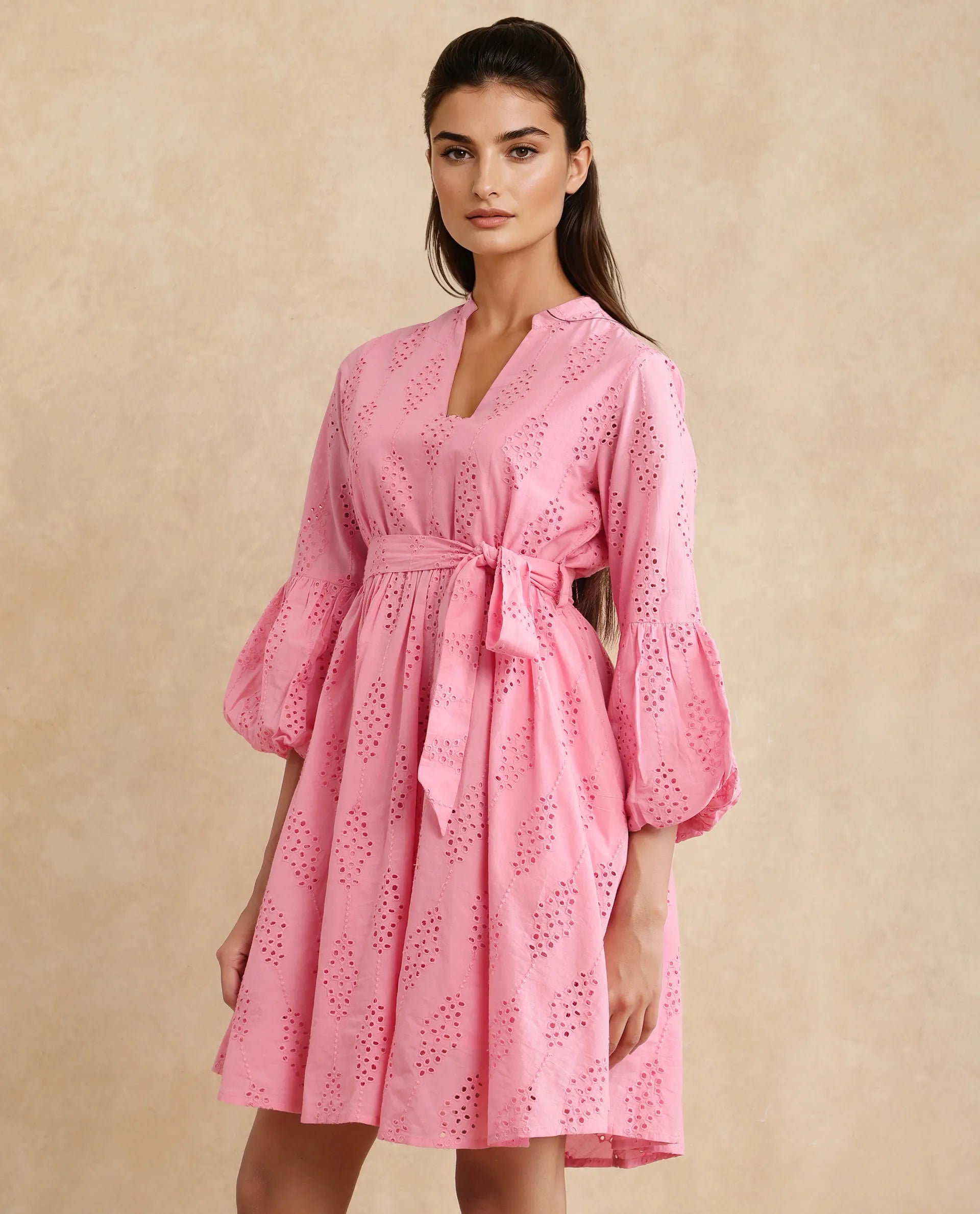 Rareism Women Somlia Light Pink Cotton Fabric Bishop Sleeve V-Neck Fit And Flare Mini Plain Dress