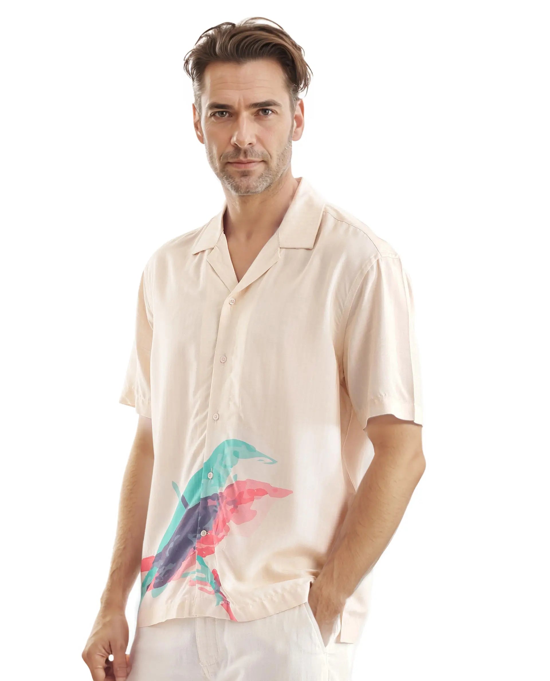 Rare Rabbit Men's Som Light Yellow Cotton Fabric Short Sleeve Cuban Collared Boxy Fit CMYK Animal Print Shirt