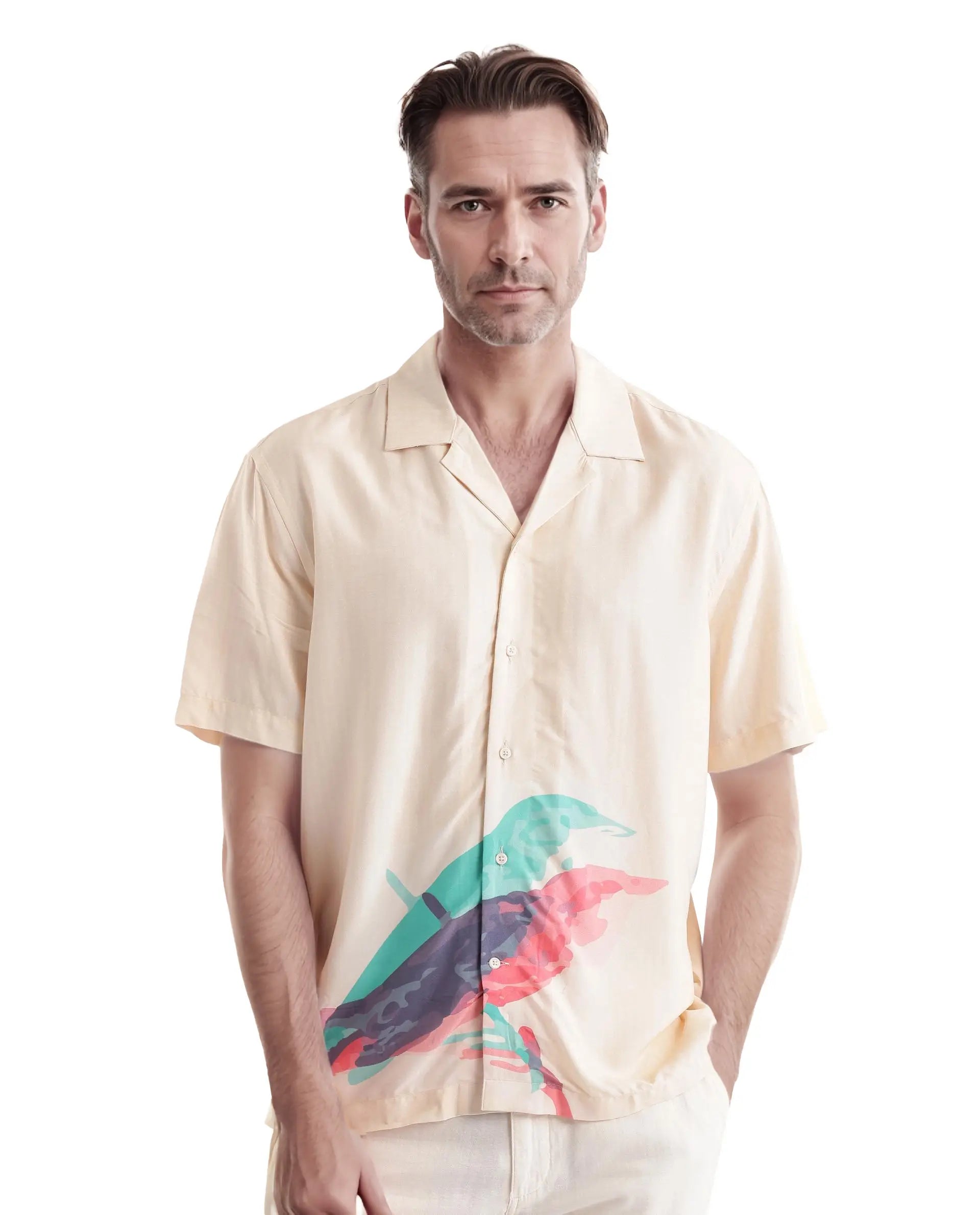 Rare Rabbit Men's Som Light Yellow Cotton Fabric Short Sleeve Cuban Collared Boxy Fit CMYK Animal Print Shirt