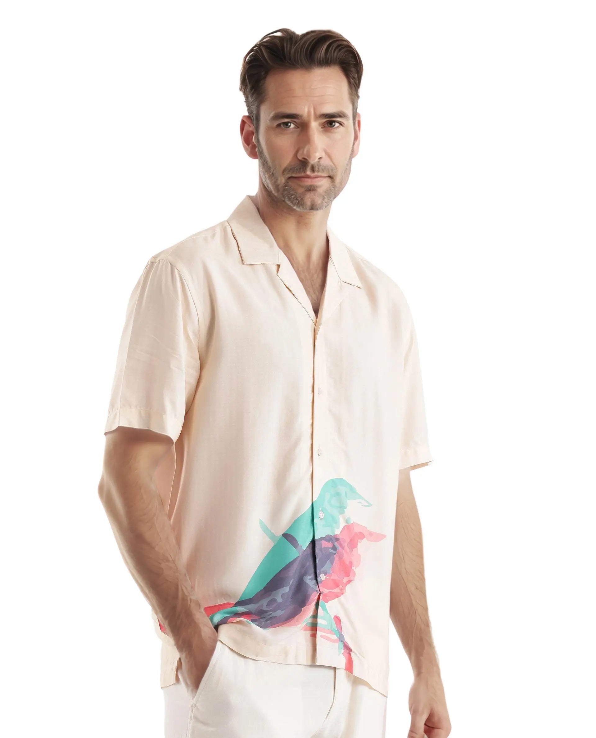 Rare Rabbit Men's Som Light Yellow Cotton Fabric Short Sleeve Cuban Collared Boxy Fit CMYK Animal Print Shirt