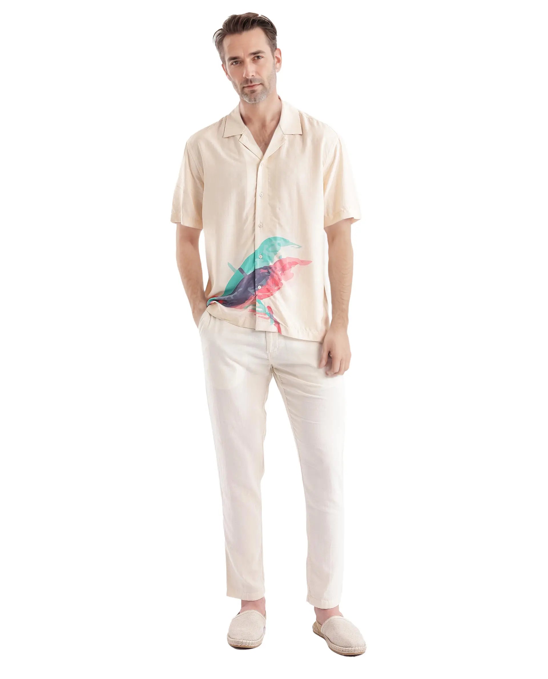 Rare Rabbit Men's Som Light Yellow Cotton Fabric Short Sleeve Cuban Collared Boxy Fit CMYK Animal Print Shirt