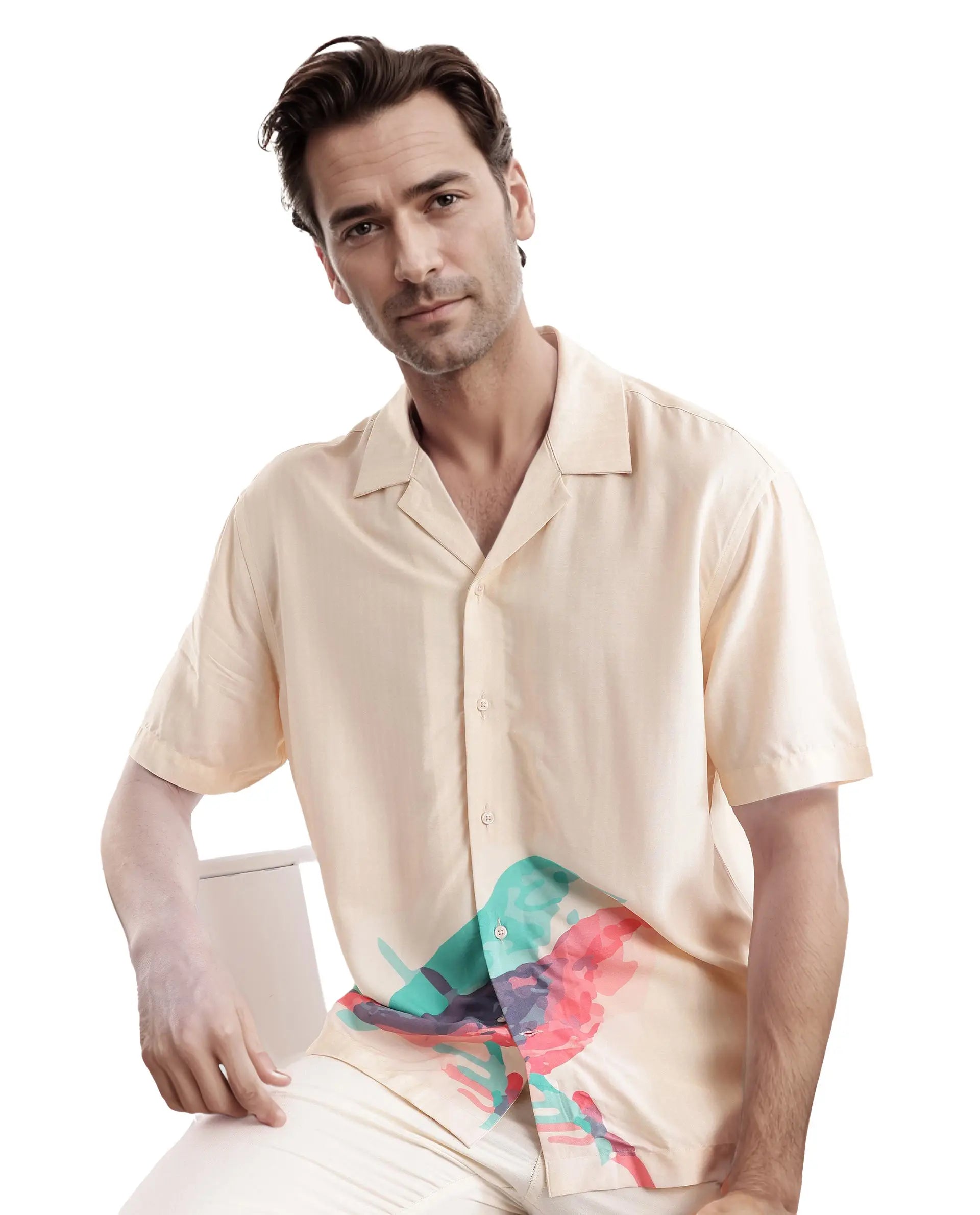 Rare Rabbit Men's Som Light Yellow Cotton Fabric Short Sleeve Cuban Collared Boxy Fit CMYK Animal Print Shirt