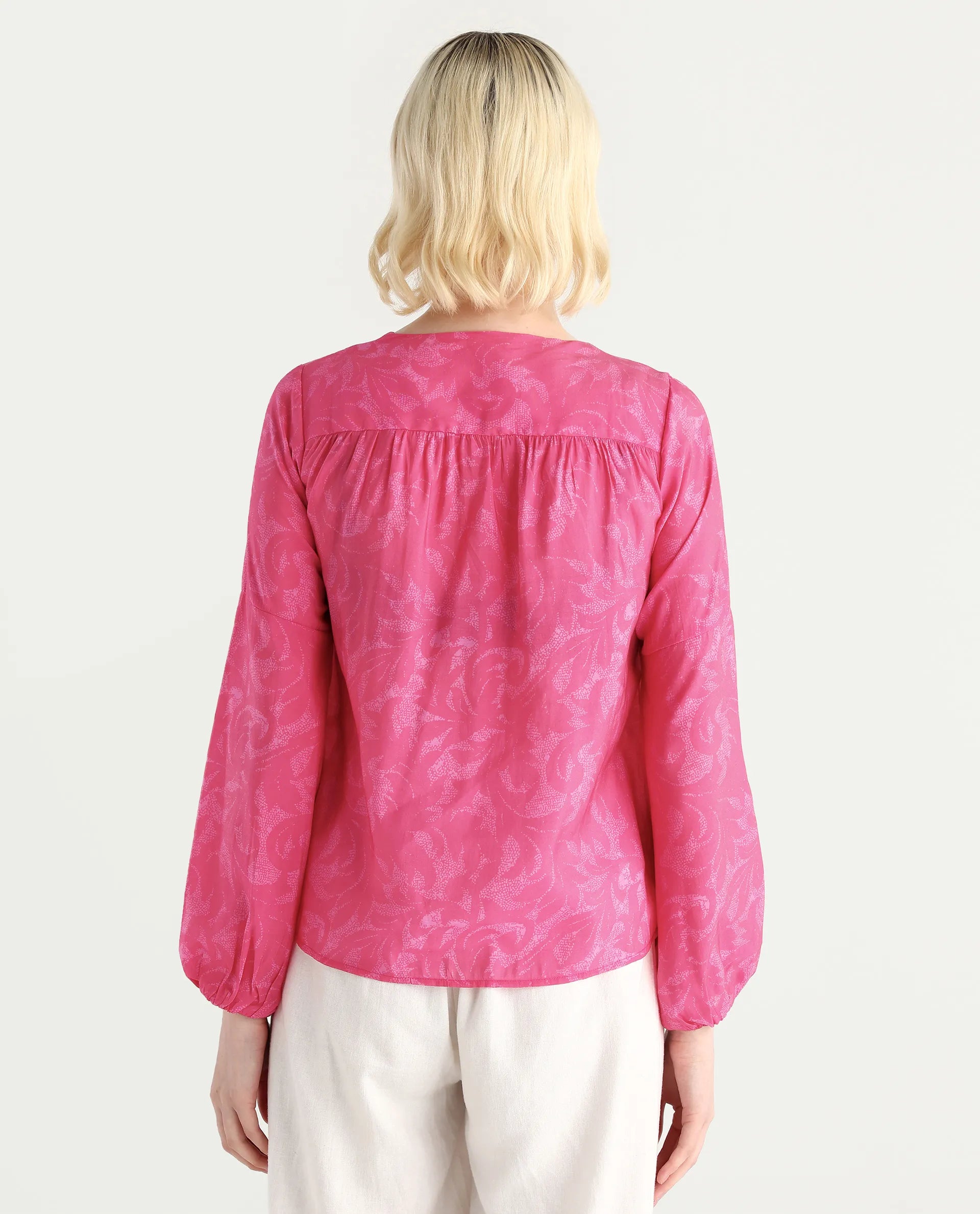 Rareism Women's Somlin Flouroscent Pink Viscose Blend Tie-Up Neck Abstract Print Lantern Sleeve Regular Fit Top