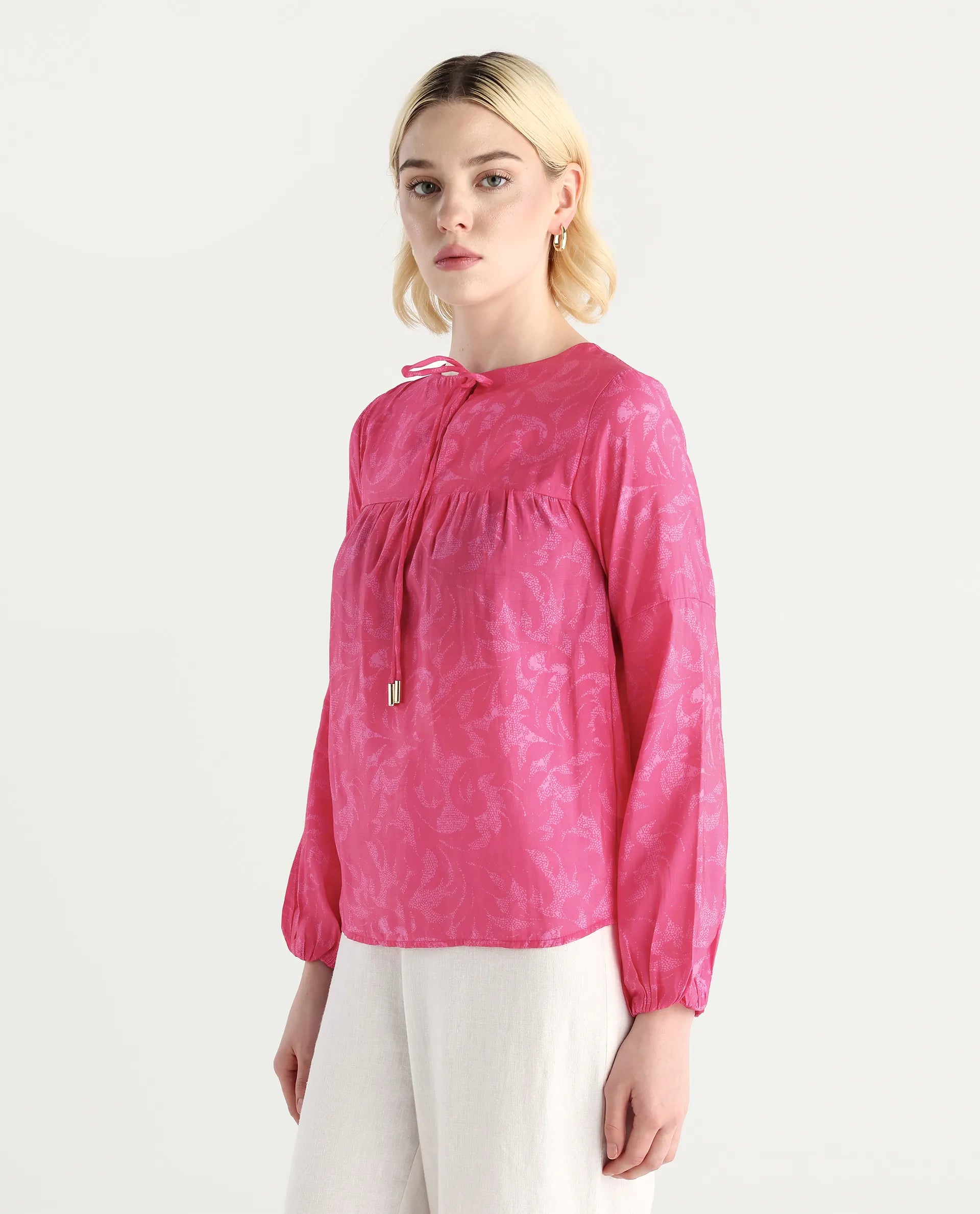 Rareism Women's Somlin Flouroscent Pink Viscose Blend Tie-Up Neck Abstract Print Lantern Sleeve Regular Fit Top