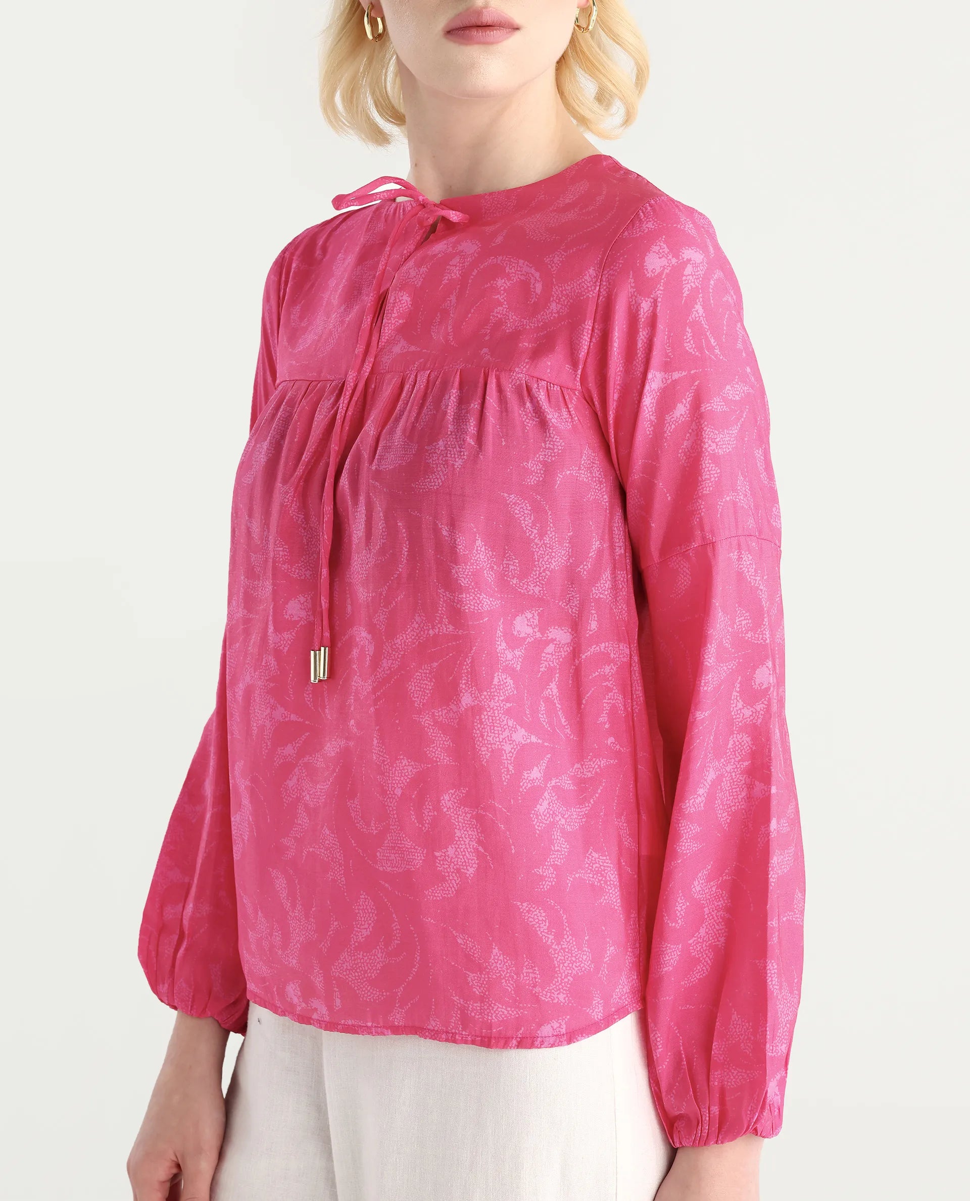 Rareism Women's Somlin Flouroscent Pink Viscose Blend Tie-Up Neck Abstract Print Lantern Sleeve Regular Fit Top