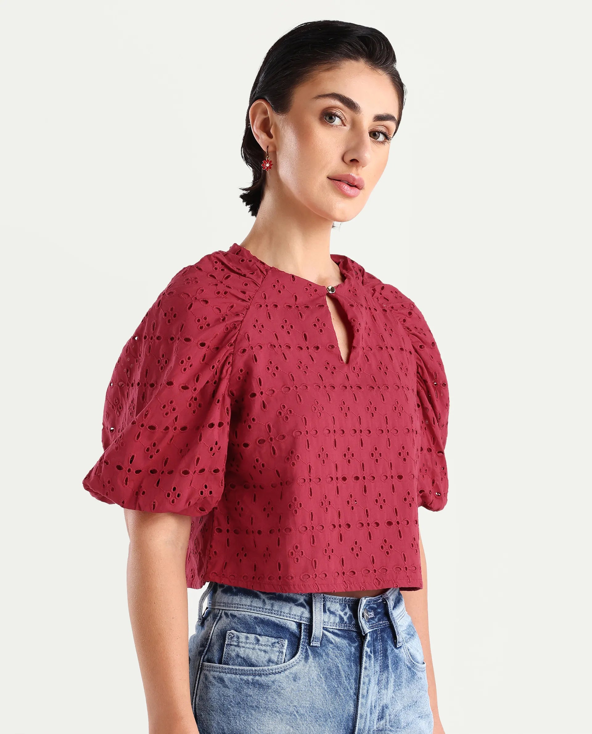 Rareism Women's Somli Dark Red Cotton Round Neck Schiffli Balloon Sleeve Crop Regular Fit Top