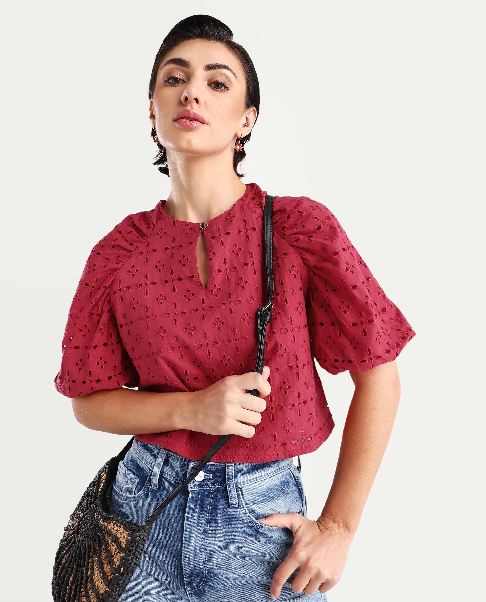 Rareism Women's Somli Dark Red Cotton Round Neck Schiffli Balloon Sleeve Crop Regular Fit Top
