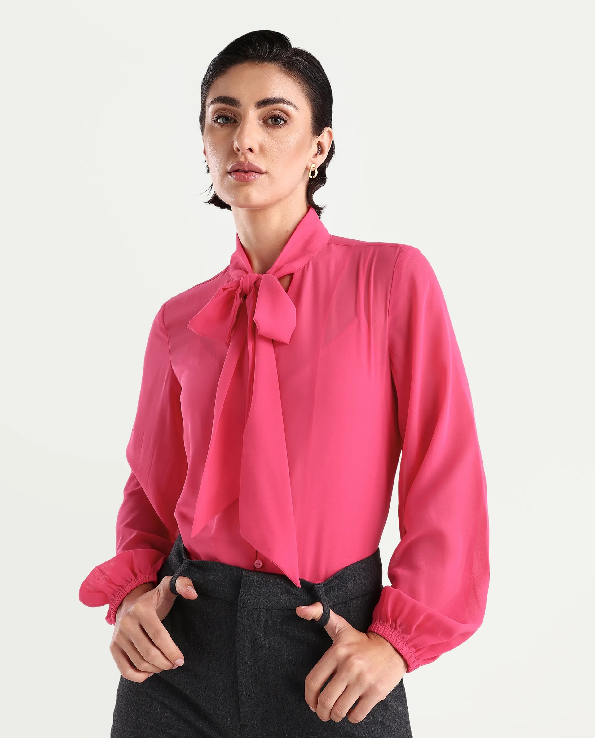 Rareism Women's Sommer Pink Polyester Tie-Up Neck Plain Cuffed Sleeve Regular Fit Top