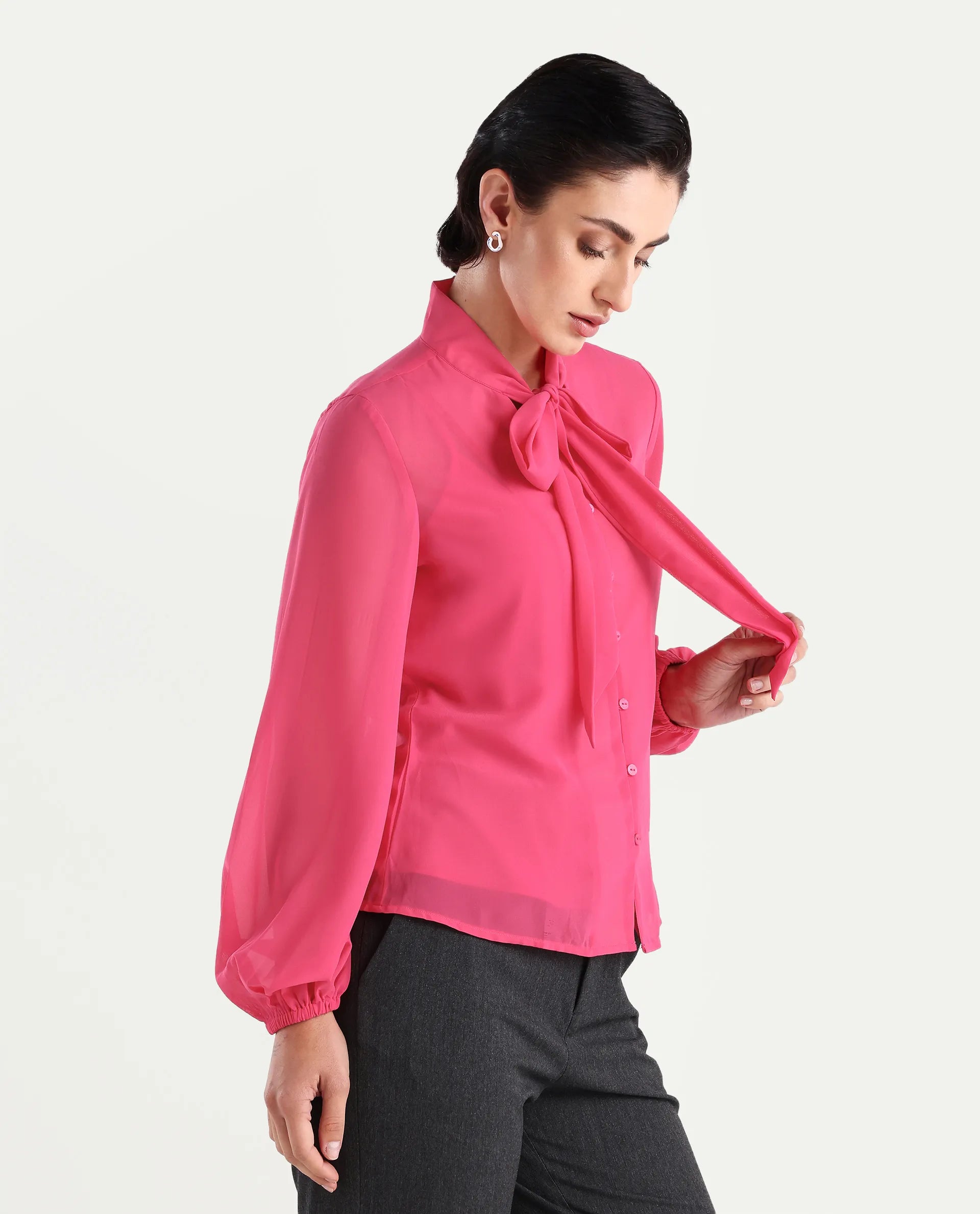 Rareism Women's Sommer Pink Polyester Tie-Up Neck Plain Cuffed Sleeve Regular Fit Top