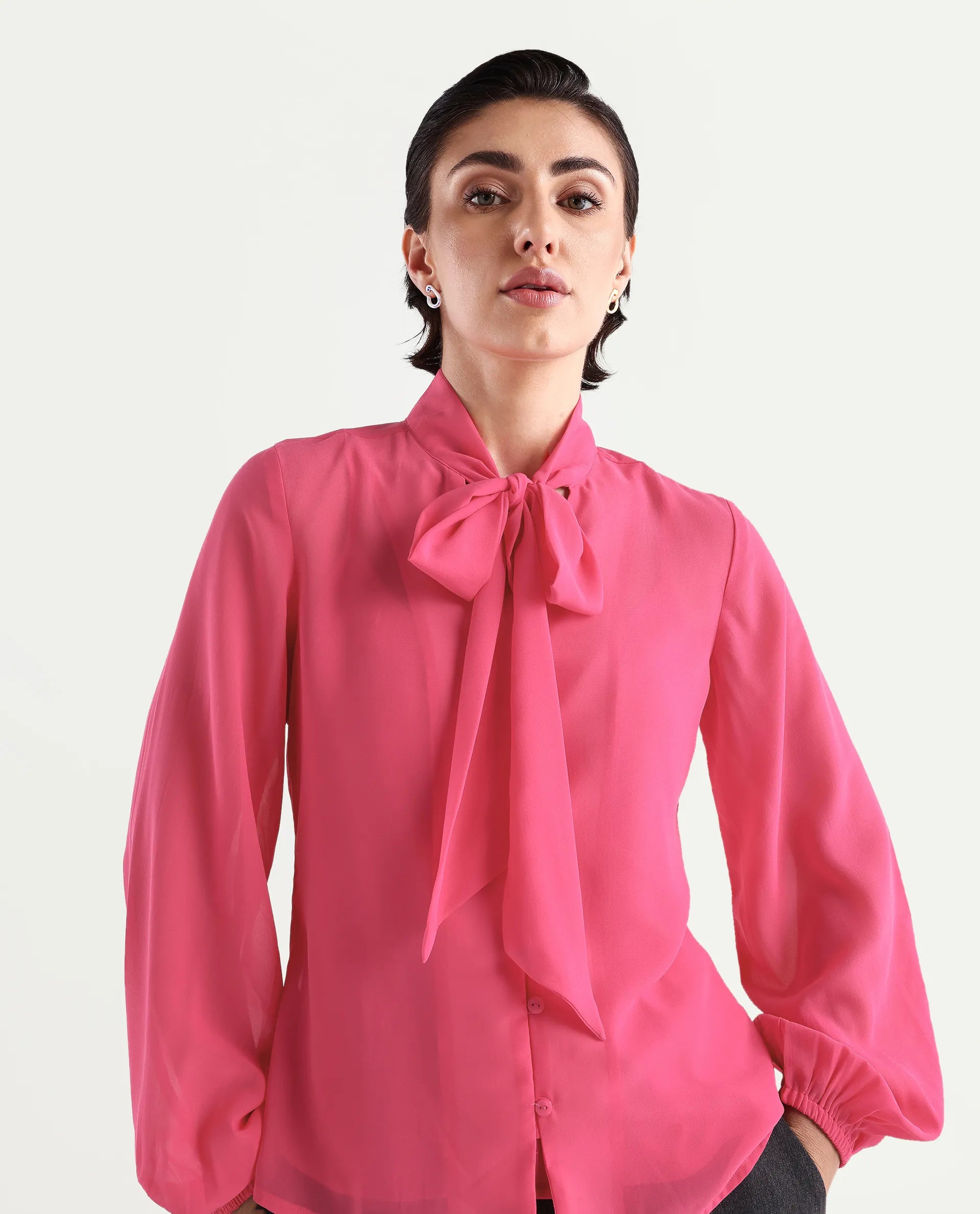 Rareism Women's Sommer Pink Polyester Tie-Up Neck Plain Cuffed Sleeve Regular Fit Top
