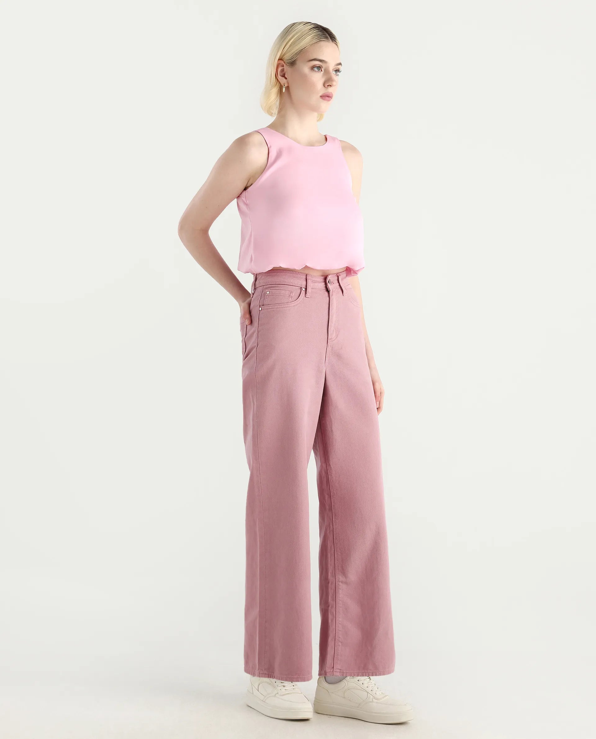 Rareism Women's Somnim Dusky Pink Cotton Blend Plain Ankle Length Wide Trouser