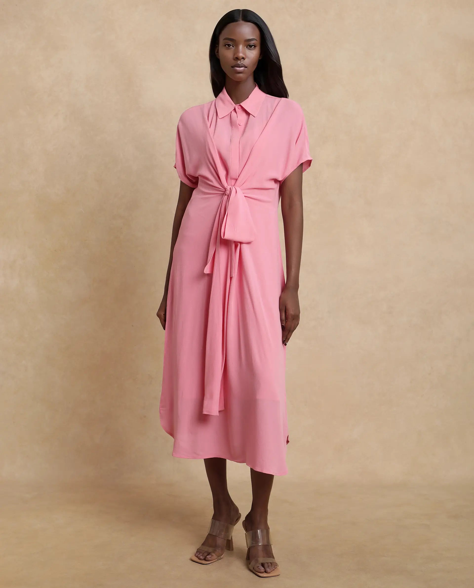 Rareism Women Somnur Dusky Pink Cotton Fabric Half Sleeve Collared Neck Tie-Up Closure A-Line Midi Plain Dress
