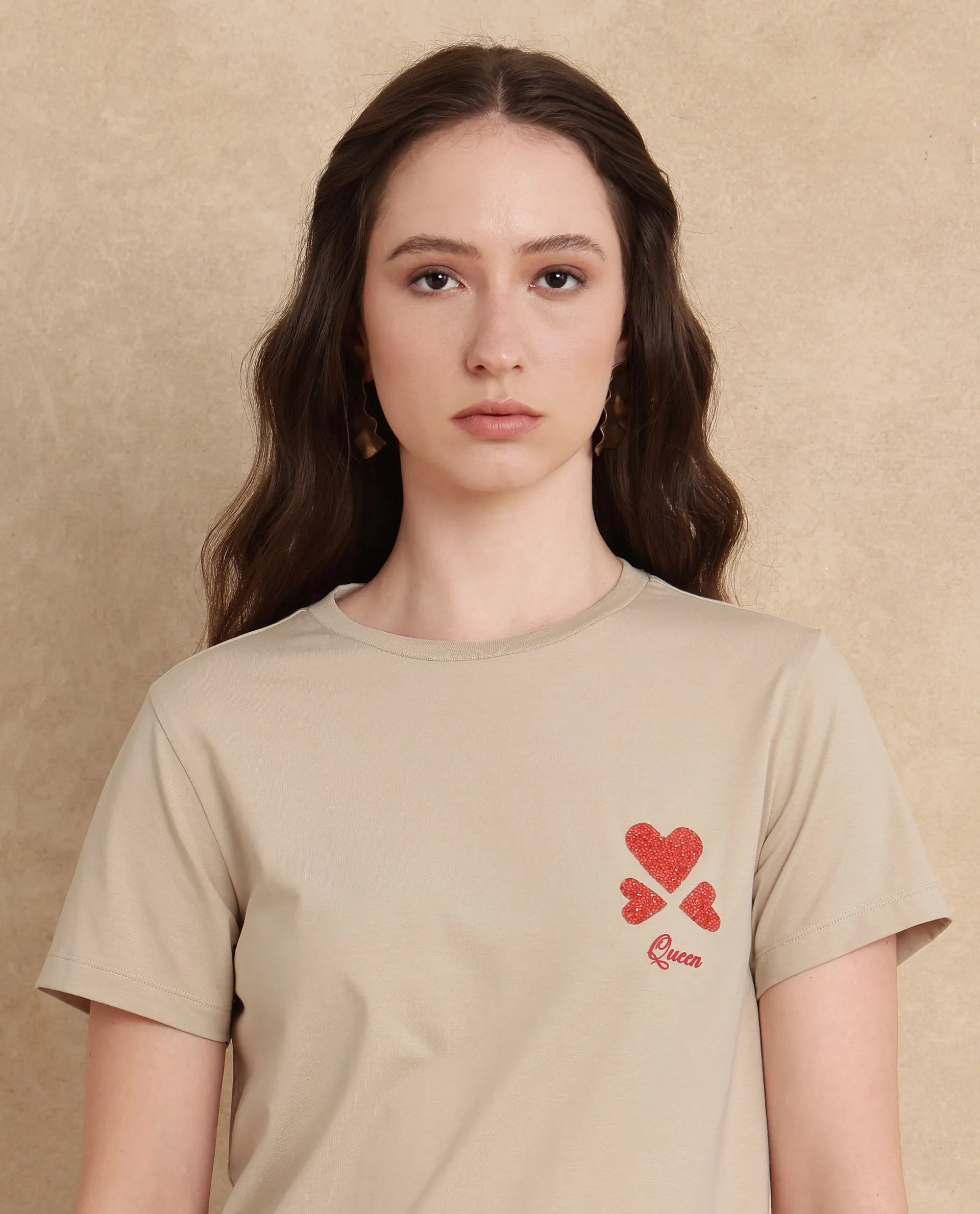 Rareism Women Sompek Beige Crew Neck Graphic Print T-Shirt