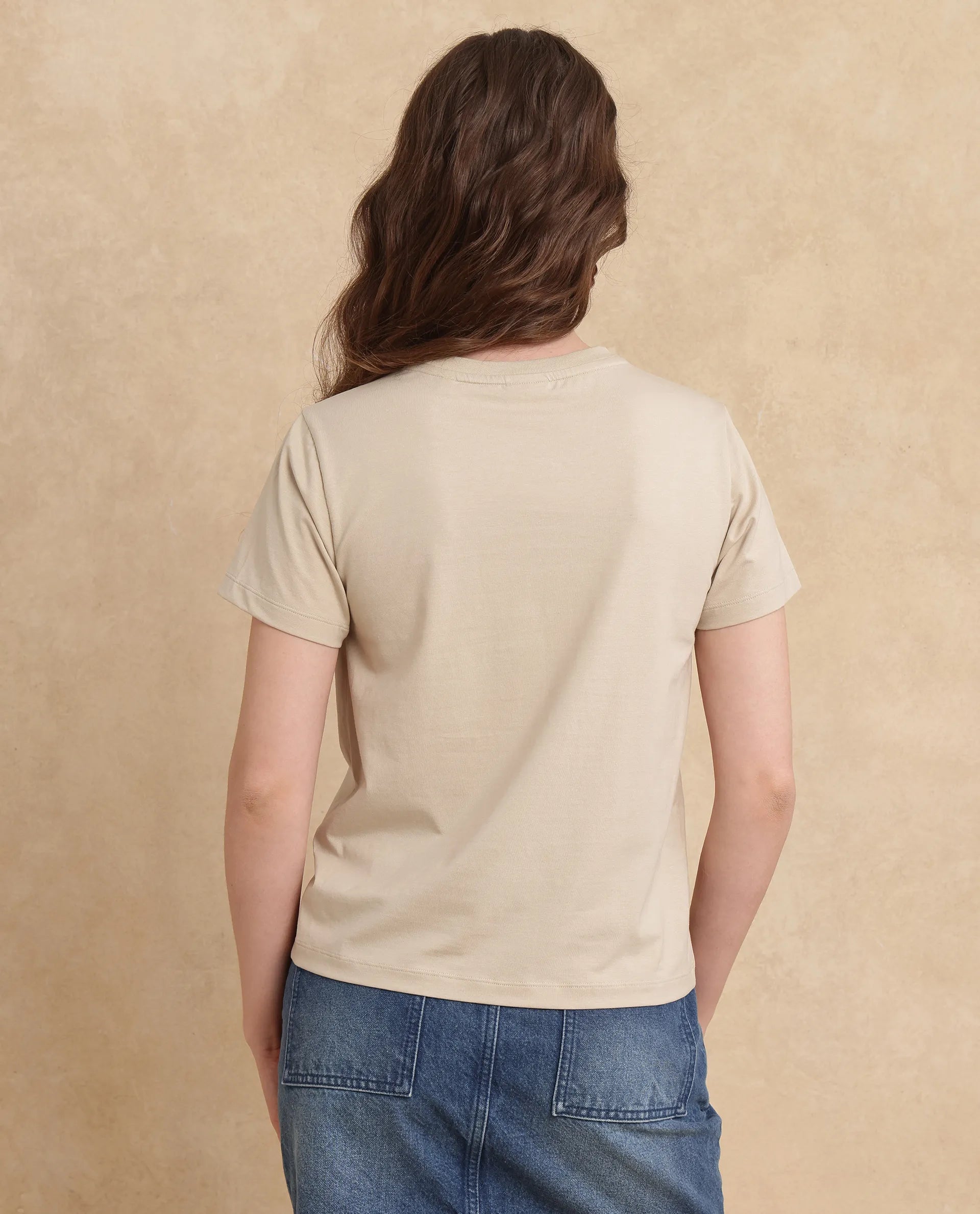 Rareism Women Sompek Beige Crew Neck Graphic Print T-Shirt