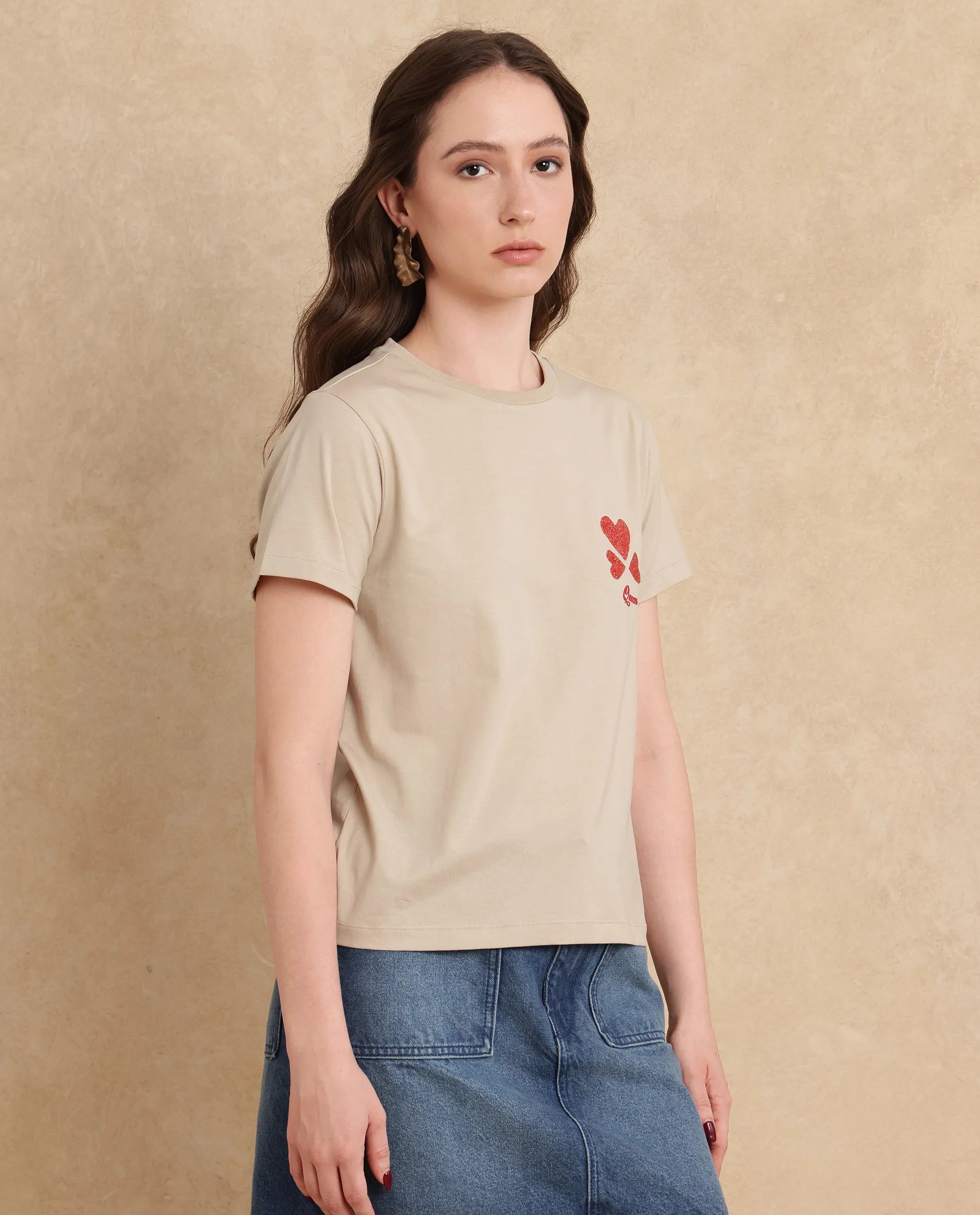 Rareism Women Sompek Beige Crew Neck Graphic Print T-Shirt