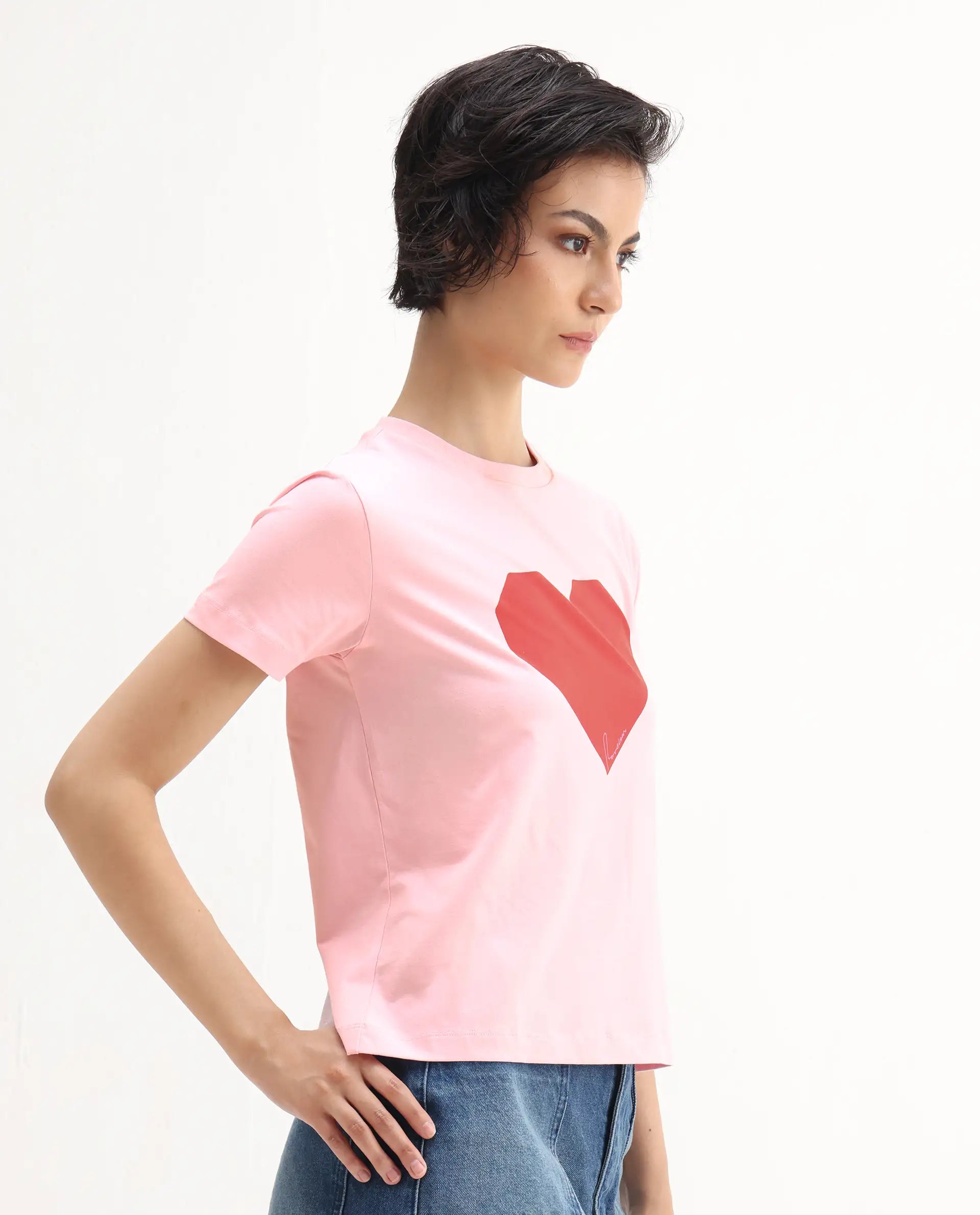 Rareism Women's Somrac Light Pink Cotton Blend Crew Neck Graphic Print Regular Fit T-Shirt