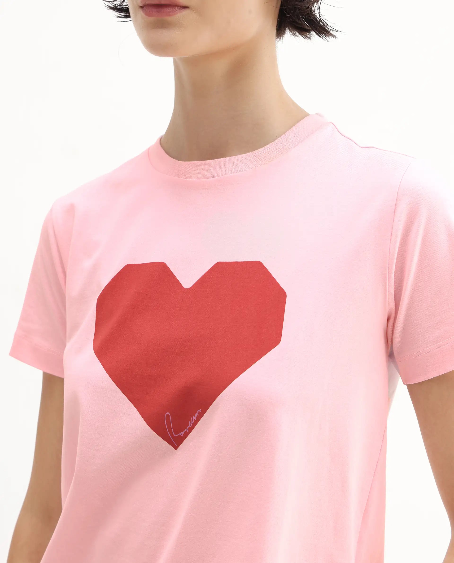 Rareism Women's Somrac Light Pink Cotton Blend Crew Neck Graphic Print Regular Fit T-Shirt