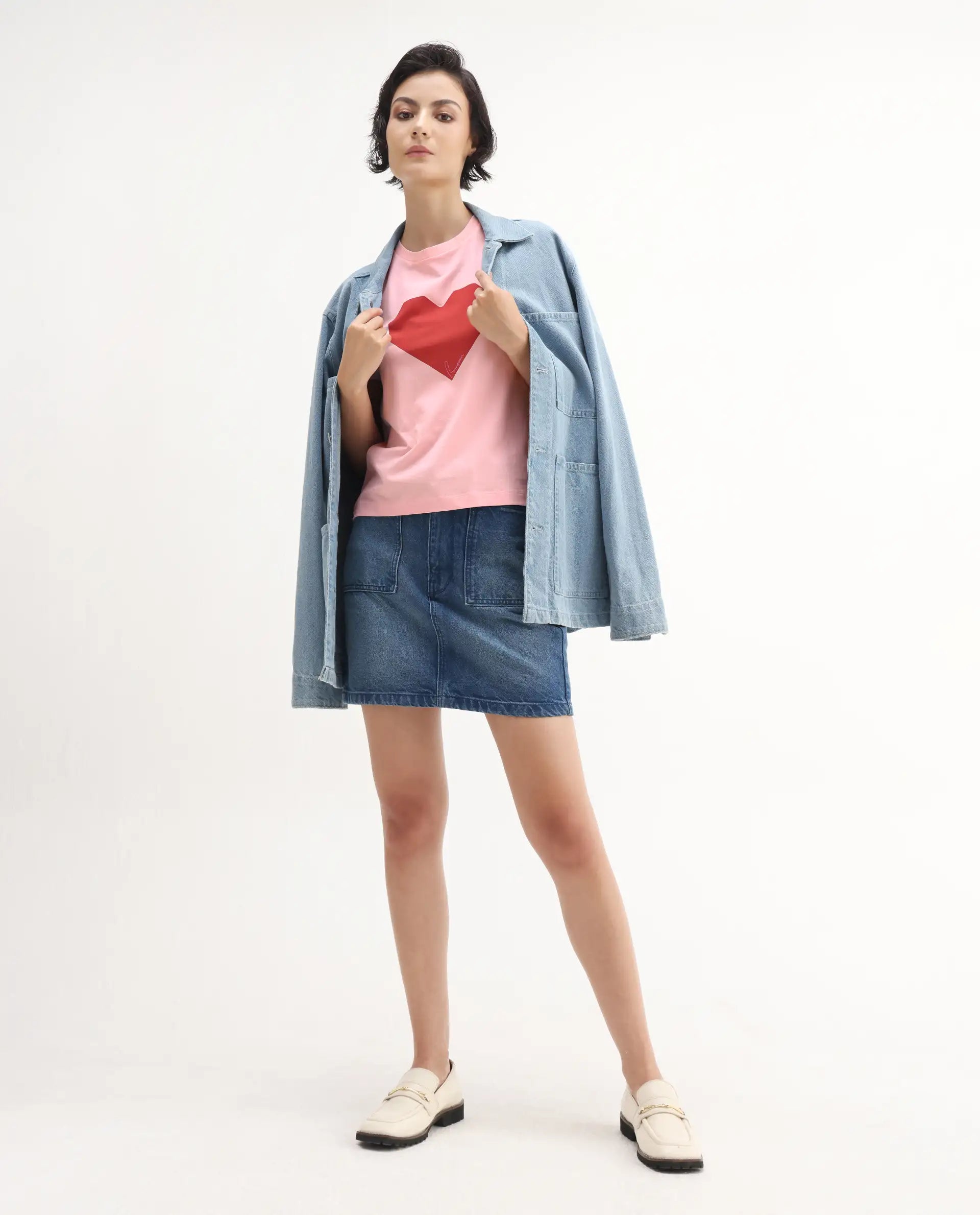 Rareism Women's Somrac Light Pink Cotton Blend Crew Neck Graphic Print Regular Fit T-Shirt