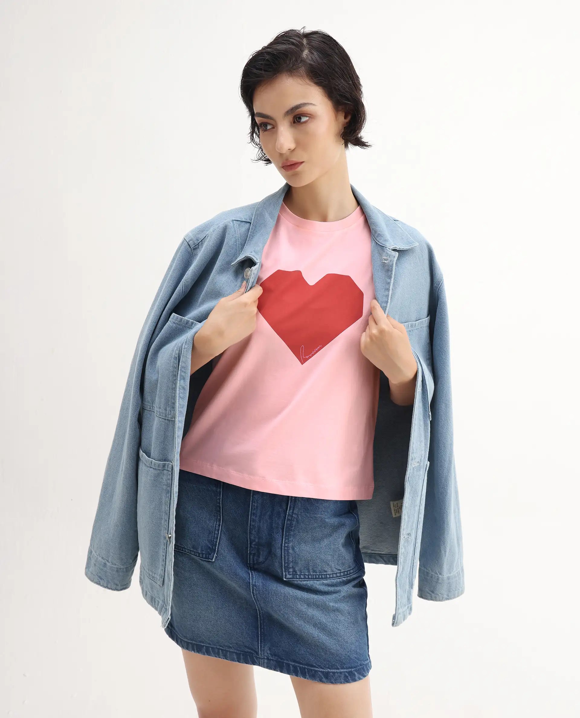 Rareism Women's Somrac Light Pink Cotton Blend Crew Neck Graphic Print Regular Fit T-Shirt