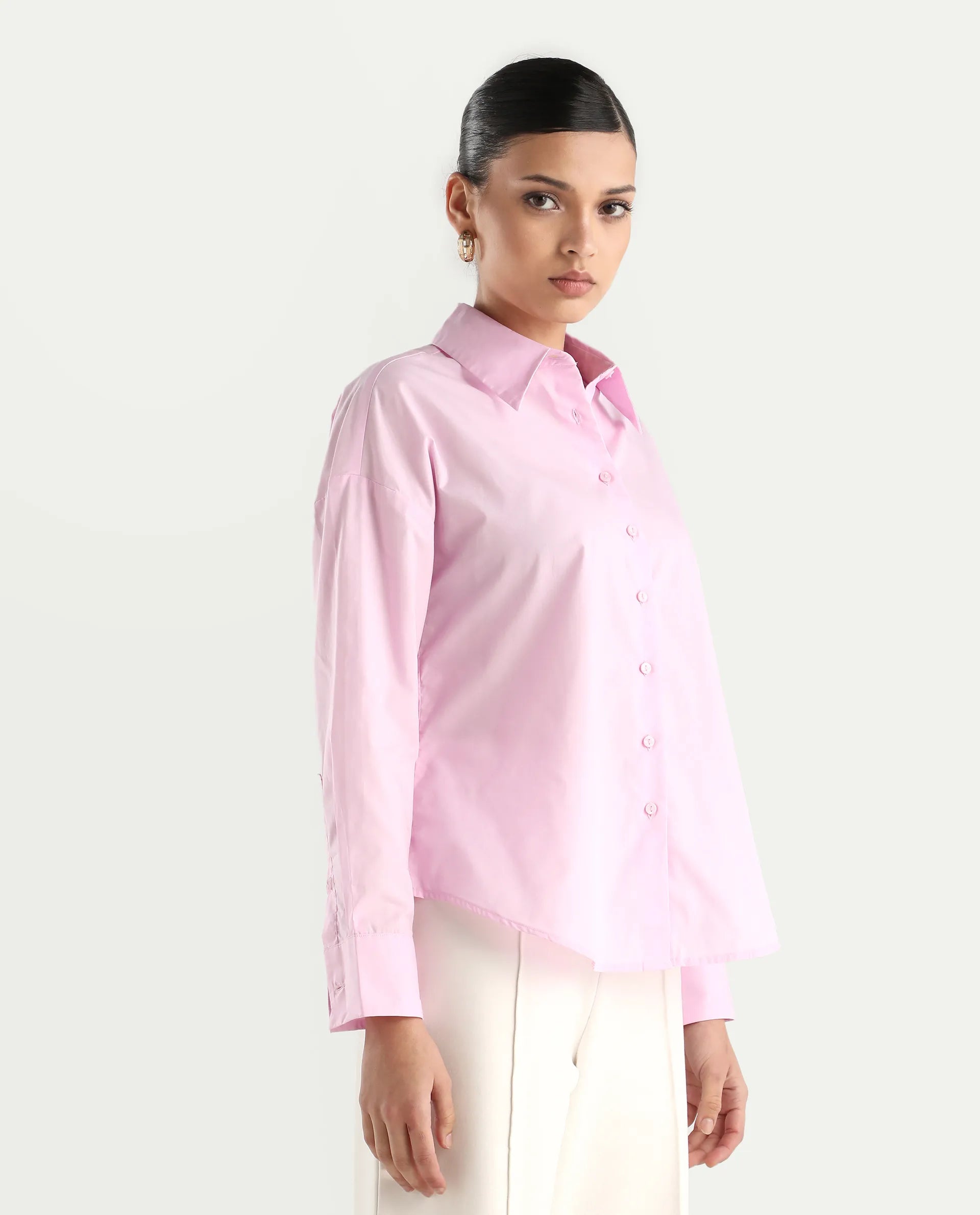 Rareism Women's Somrang Pink Cotton Spread Collar Plain Cuffed Sleeve Regular Fit Shirt