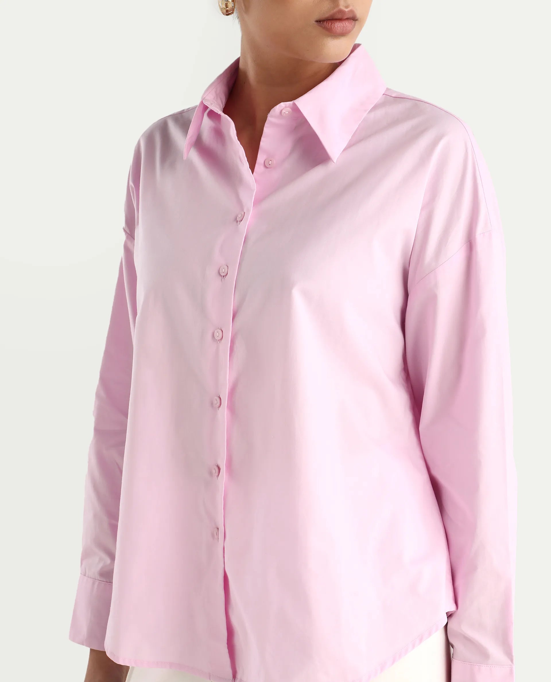 Rareism Women's Somrang Pink Cotton Spread Collar Plain Cuffed Sleeve Regular Fit Shirt