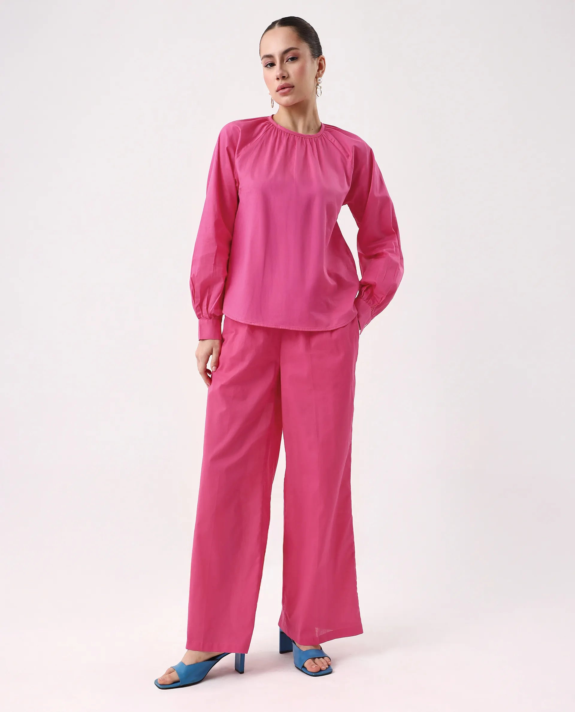 Rareism Women's Somhur B Pink Viscose Blend Plain Ankle Length Straight Fit Trouser
