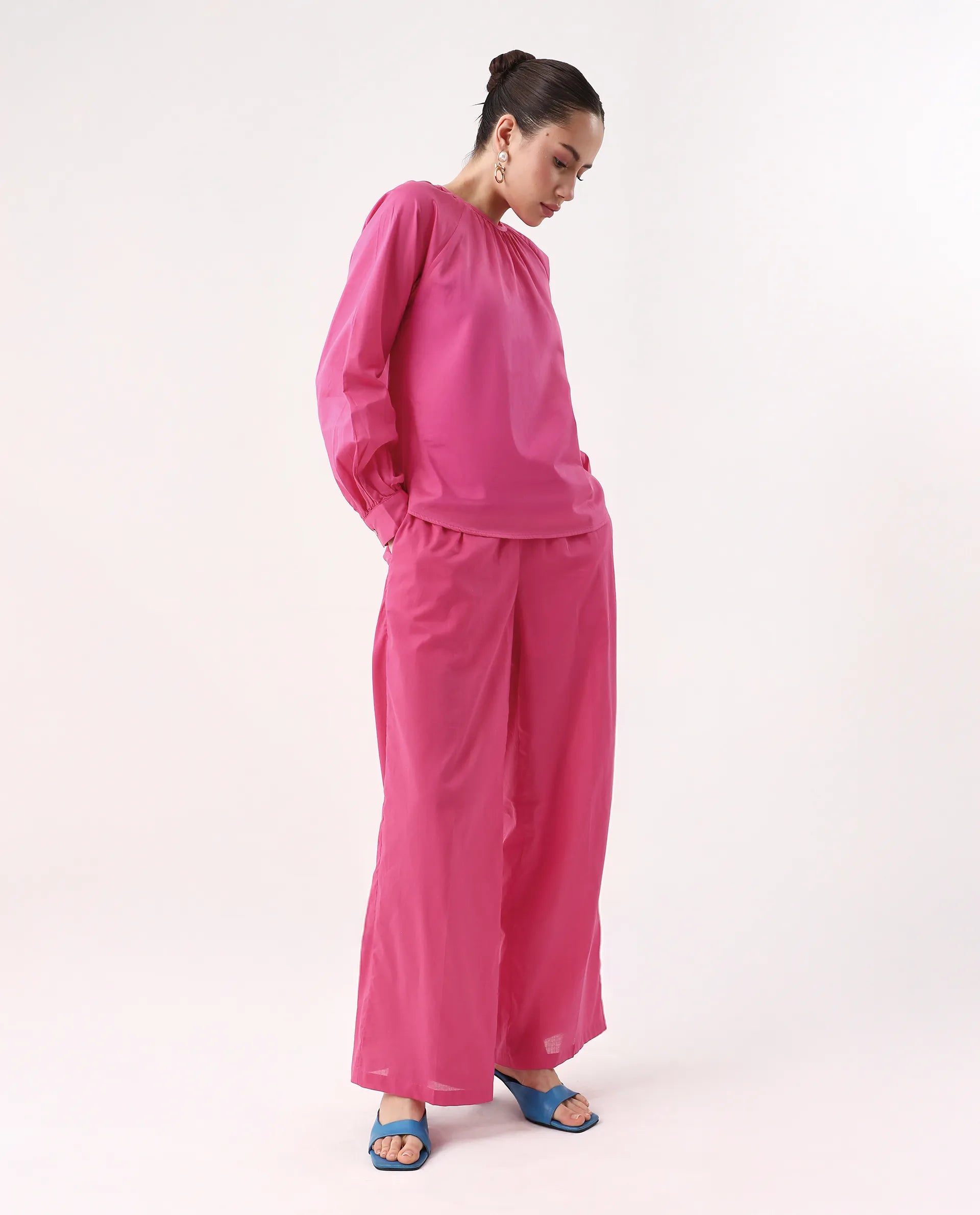 Rareism Women's Somhur B Pink Viscose Blend Plain Ankle Length Straight Fit Trouser