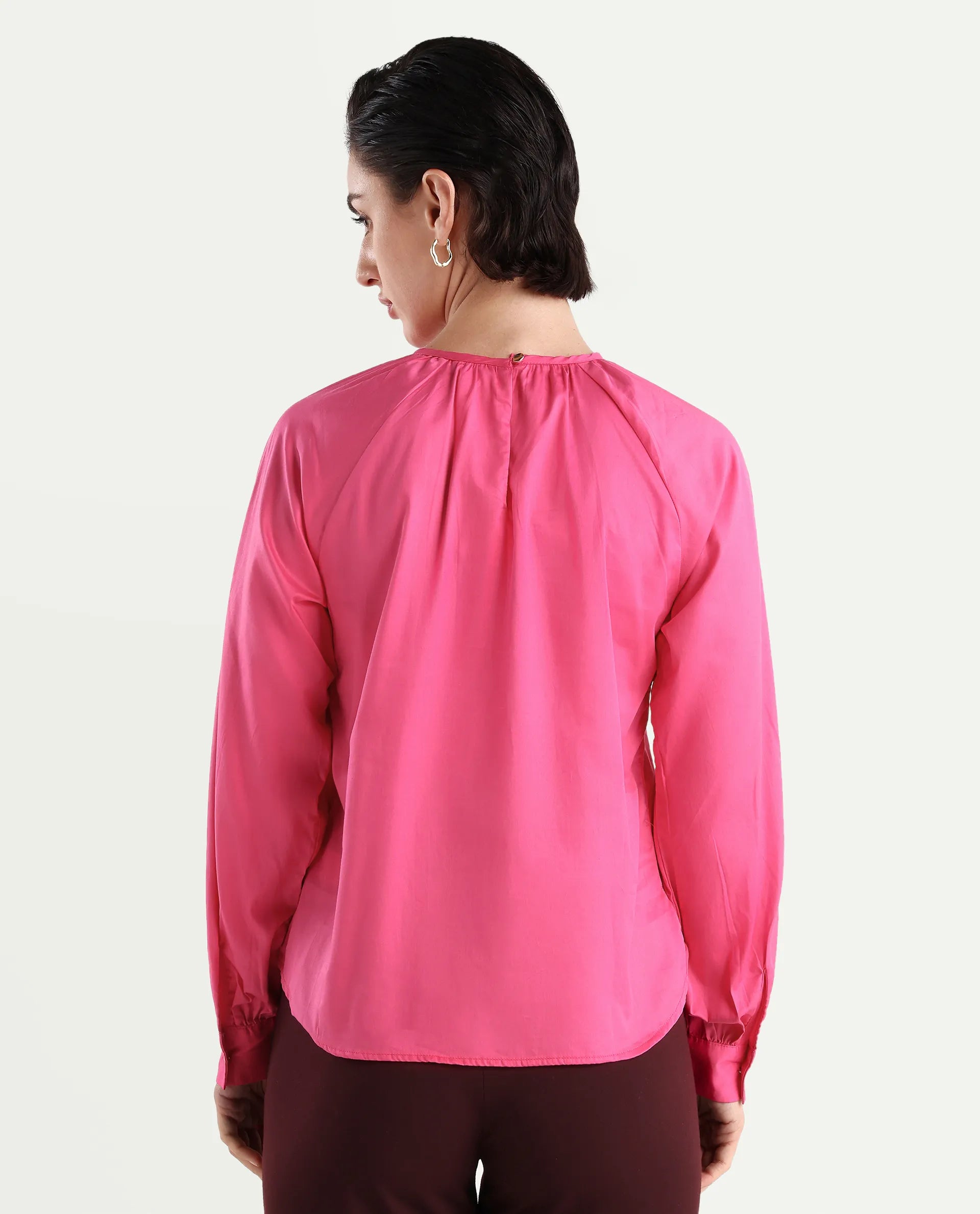 Rareism Women's Somree Pink Cotton Round Neck Plain Cuffed Sleeve Relaxed Fit Top