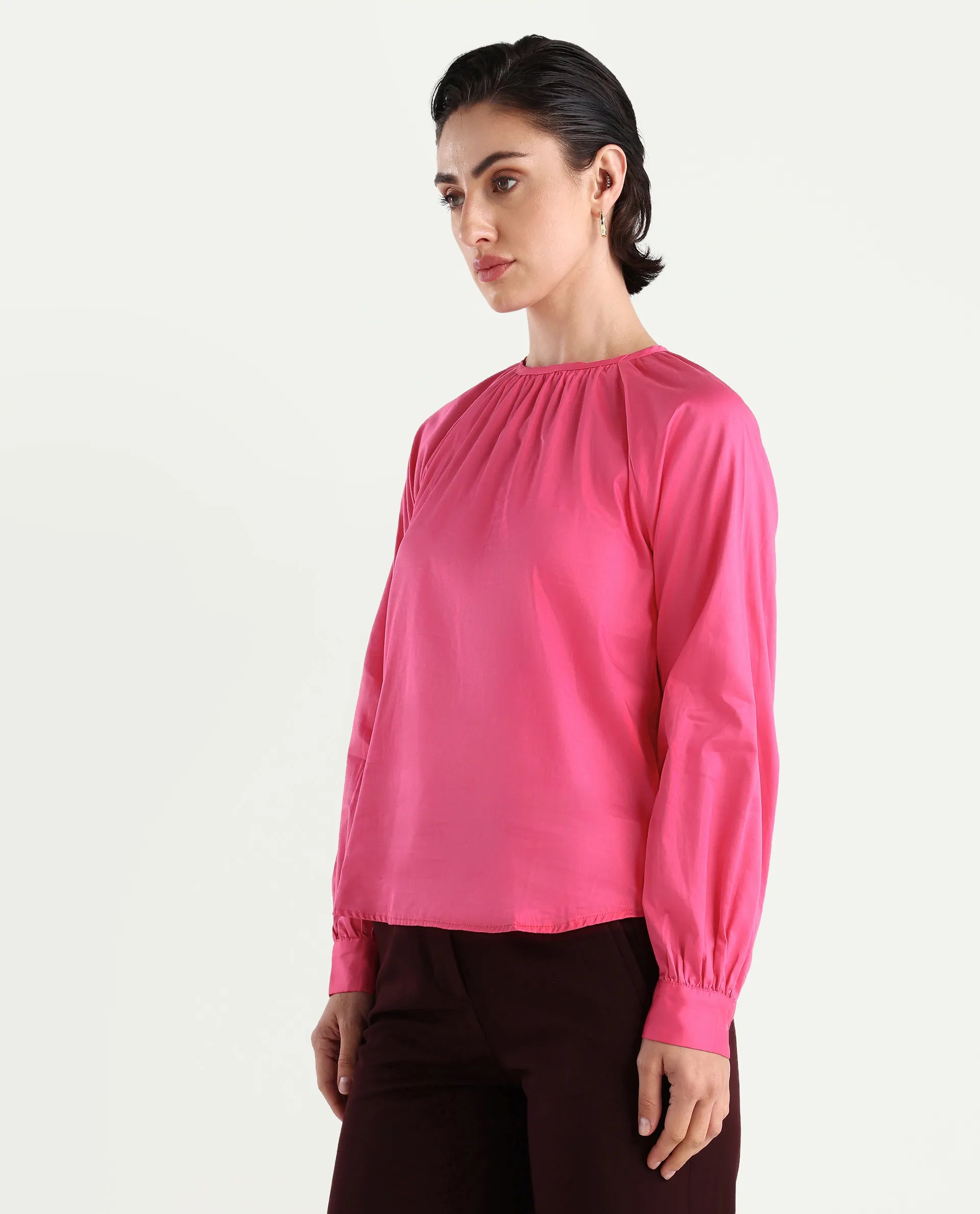 Rareism Women's Somree Pink Cotton Round Neck Plain Cuffed Sleeve Relaxed Fit Top