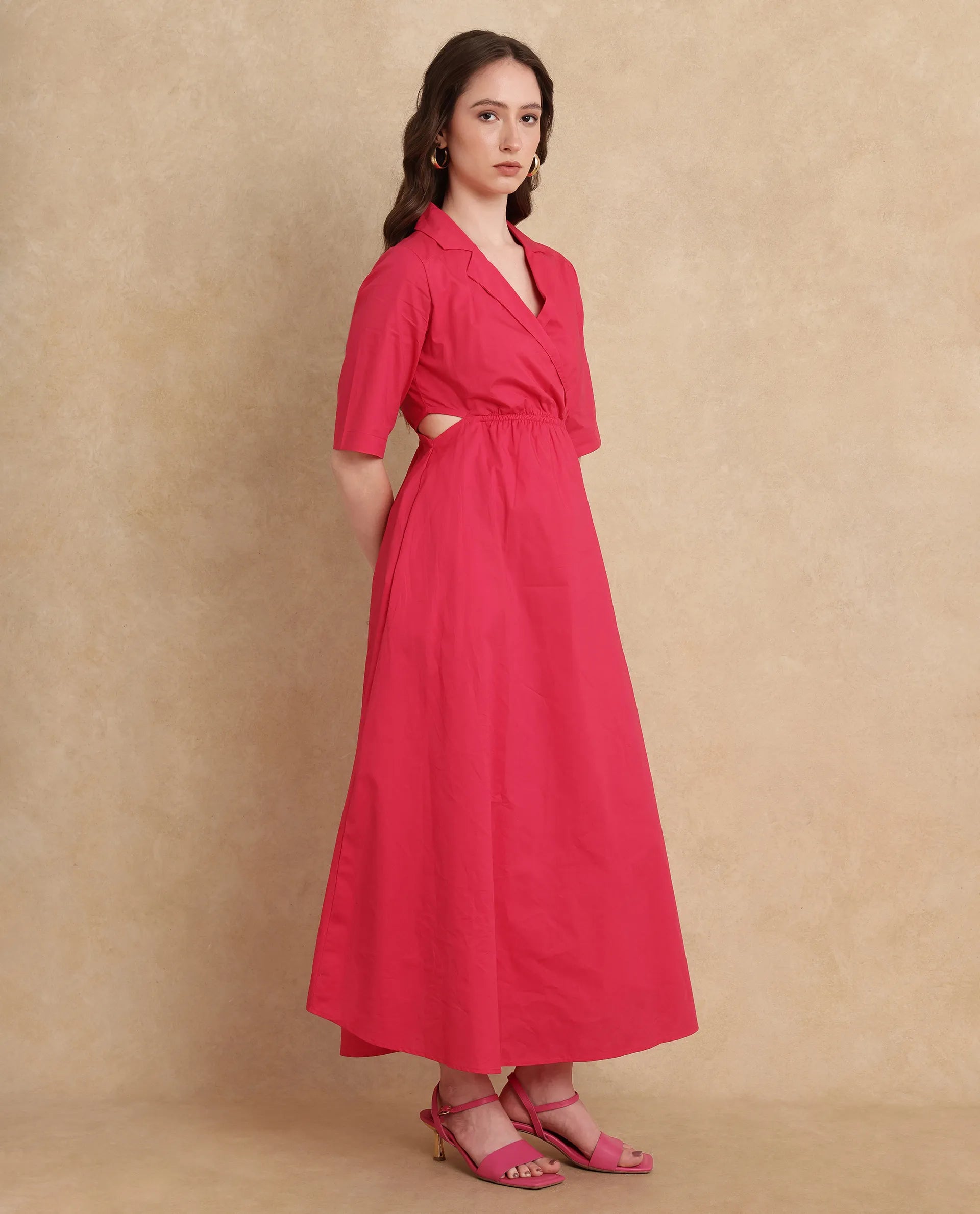 Rareism Women Somrica Dark Pink Cotton Fabric Half Sleeve Lapel Collar A-Line Maxi Plain Dress