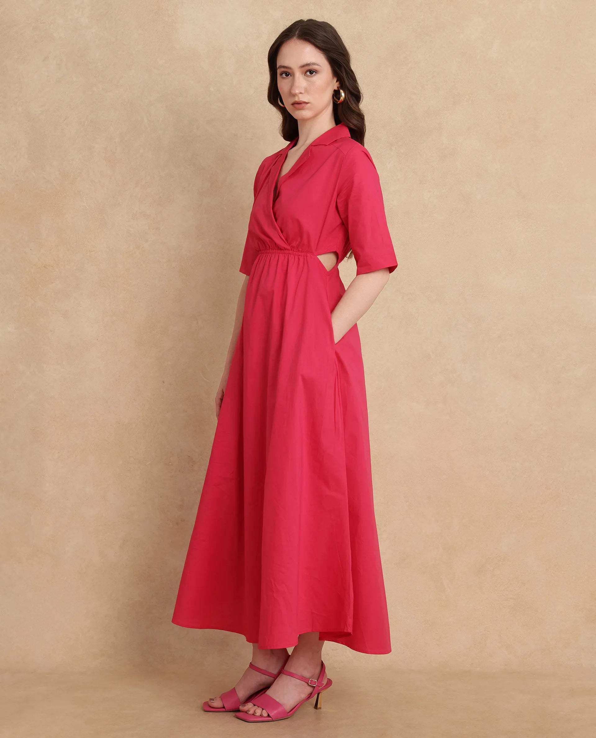 Rareism Women Somrica Dark Pink Cotton Fabric Half Sleeve Lapel Collar A-Line Maxi Plain Dress