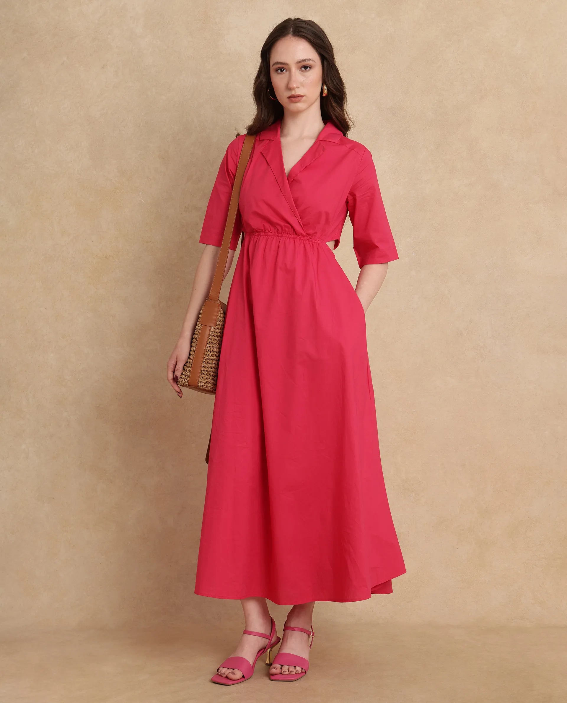 Rareism Women Somrica Dark Pink Cotton Fabric Half Sleeve Lapel Collar A-Line Maxi Plain Dress