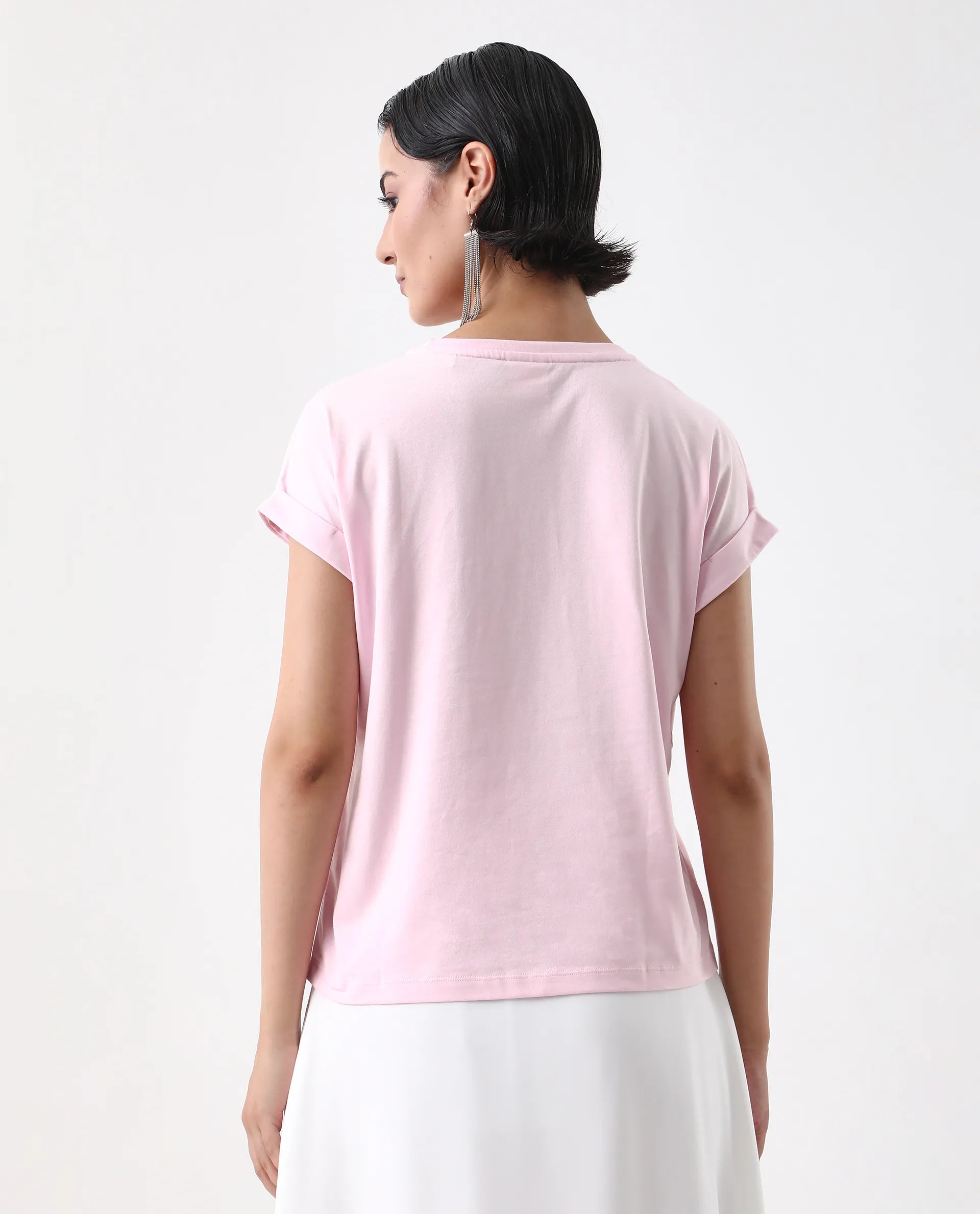 Rareism Women's Somrit Light Pink Cotton Crew Neck Graphic Print Extended Sleeves Regular Fit T-Shirt