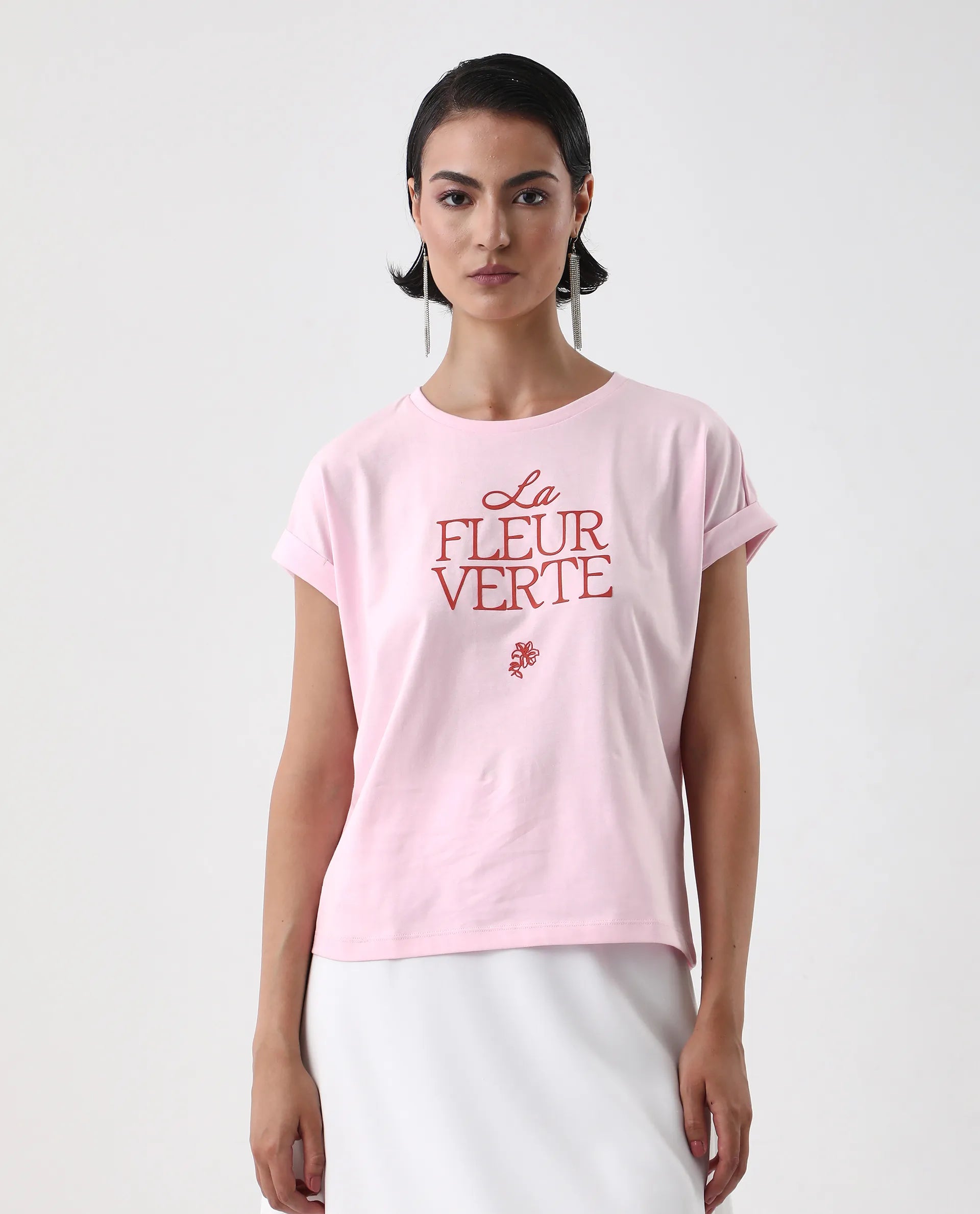 Rareism Women's Somrit Light Pink Cotton Crew Neck Graphic Print Extended Sleeves Regular Fit T-Shirt