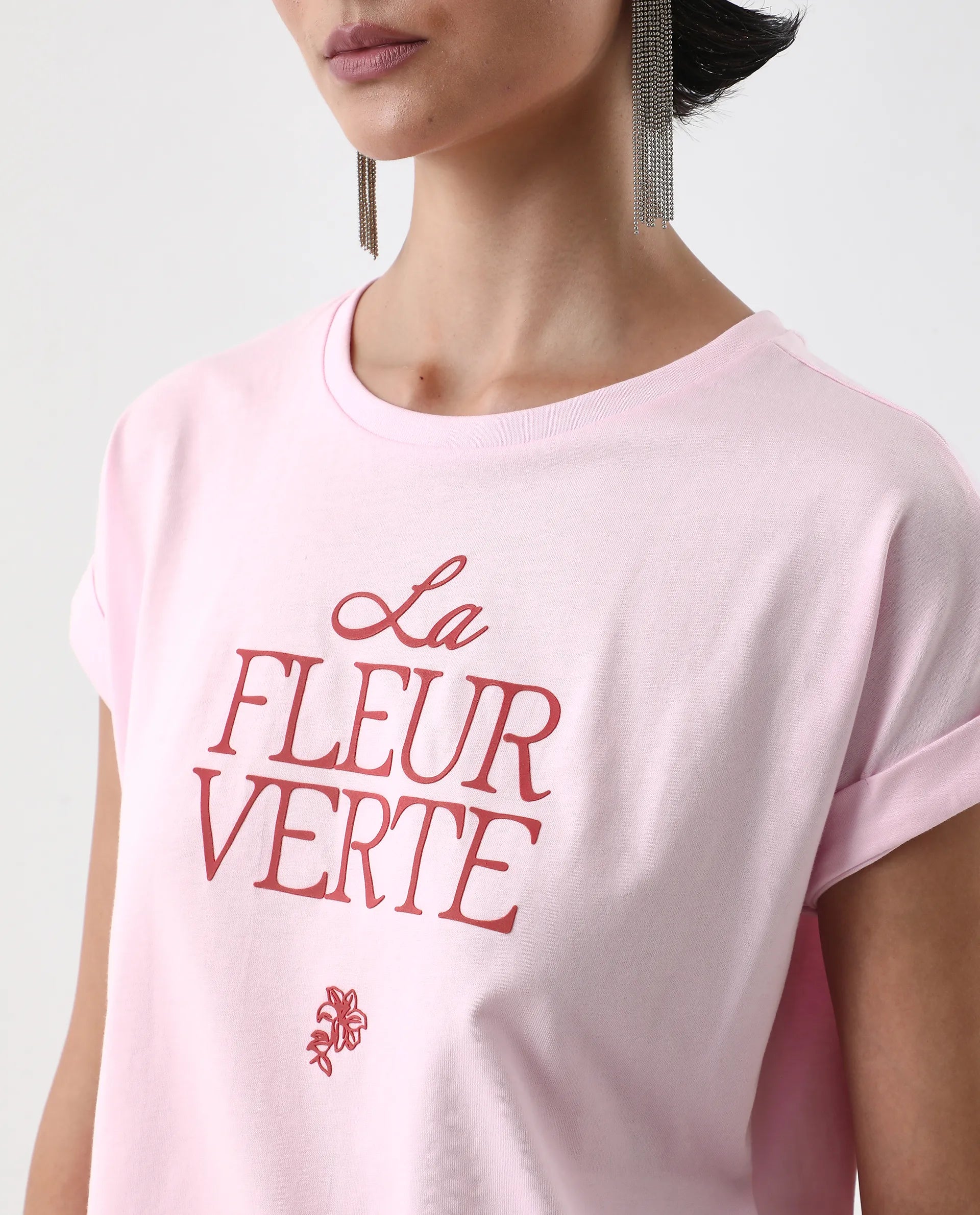 Rareism Women's Somrit Light Pink Cotton Crew Neck Graphic Print Extended Sleeves Regular Fit T-Shirt