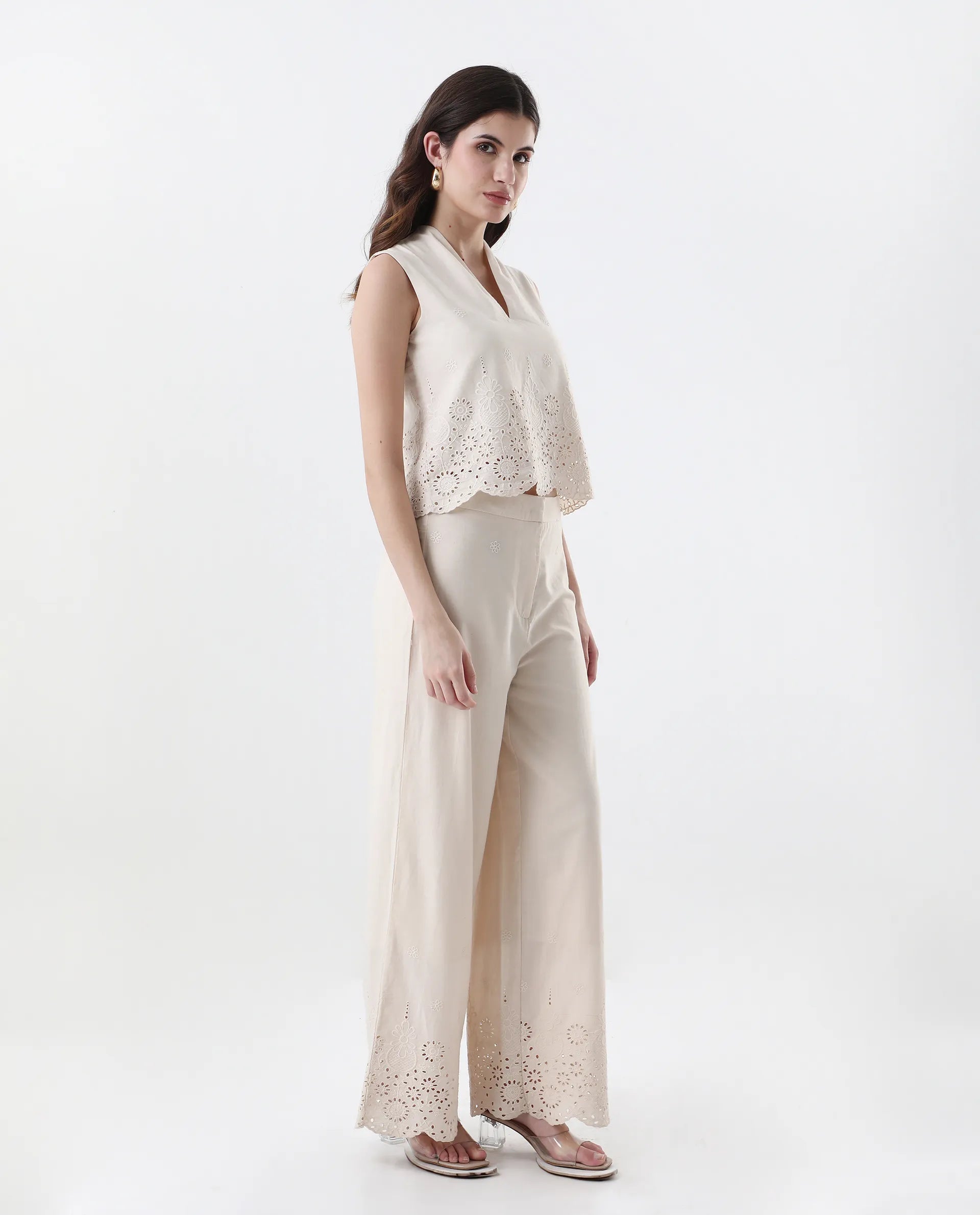 Rareism Women's Somse B Beige Cotton Plain Ankle Length Straight Fit Trouser