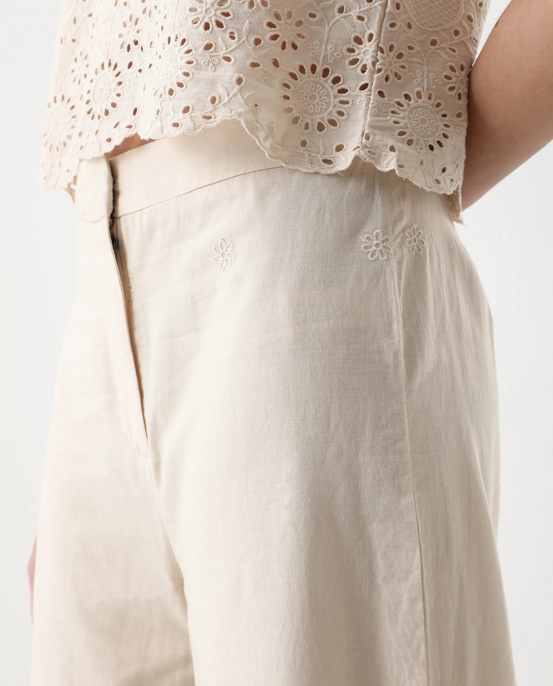 Rareism Women's Somse B Beige Cotton Plain Ankle Length Straight Fit Trouser