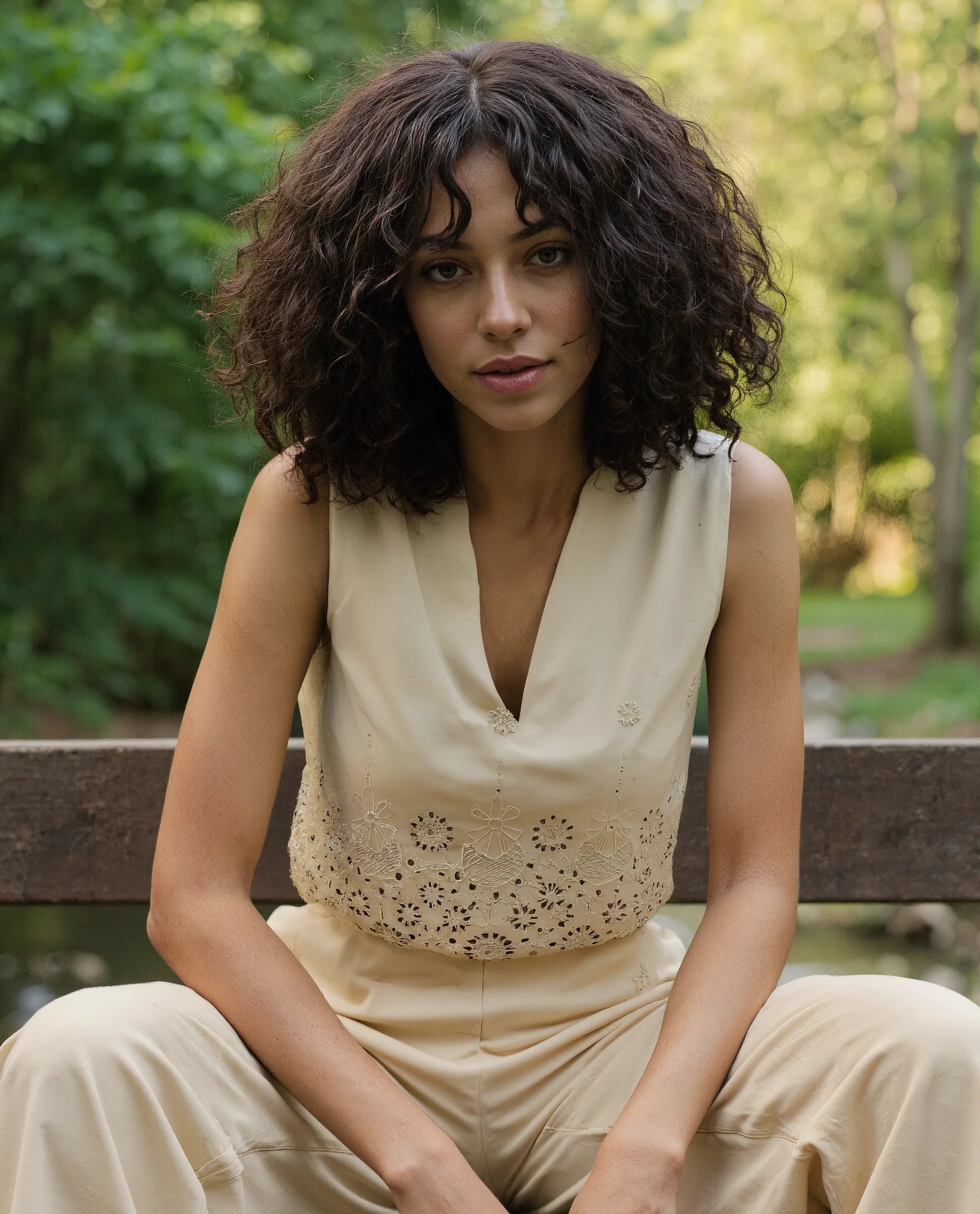 Rareism Women's Somse T Beige Cotton V-Neck Plain Sleeveless Regular Fit Top