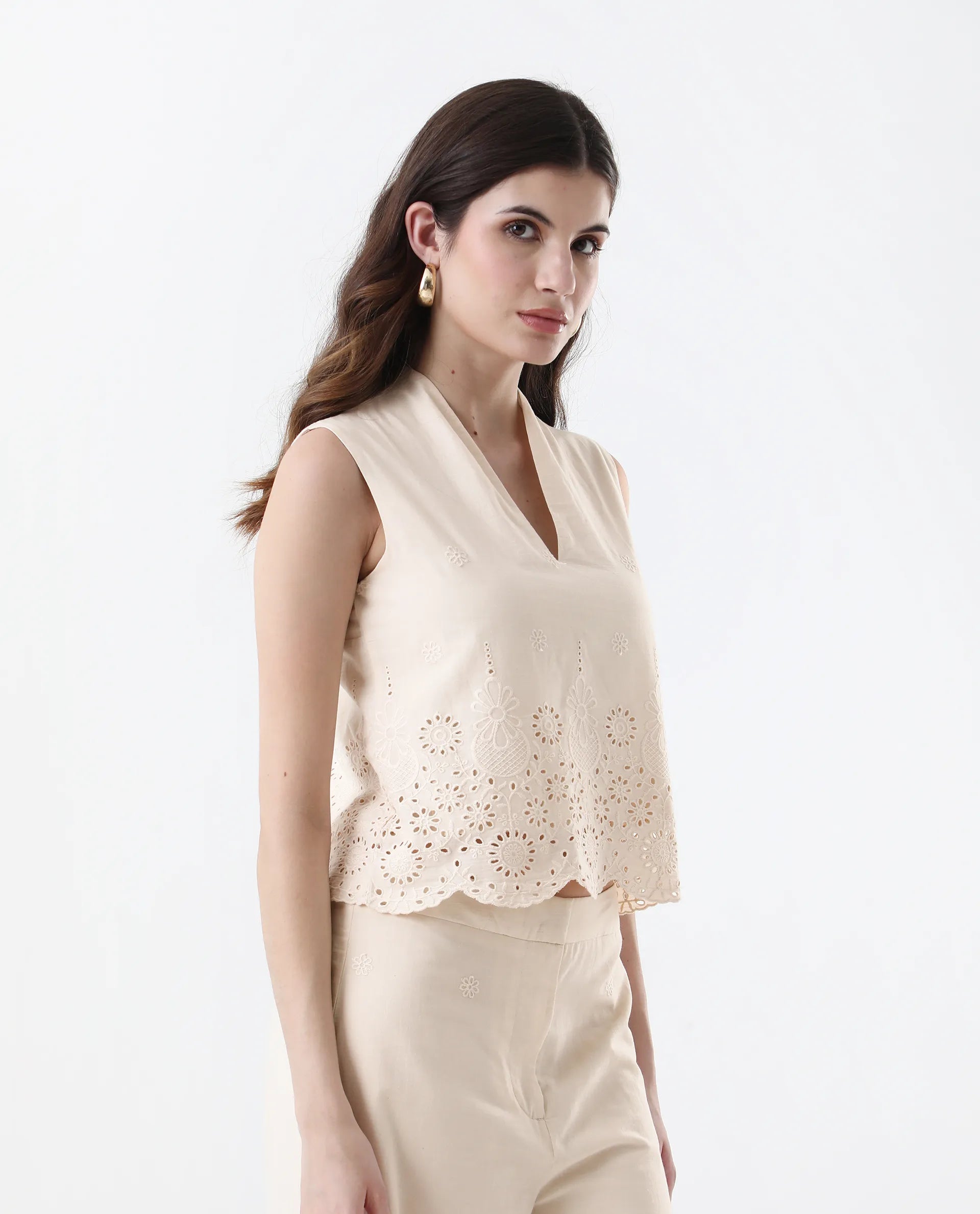 Rareism Women's Somse T Beige Cotton V-Neck Plain Sleeveless Regular Fit Top