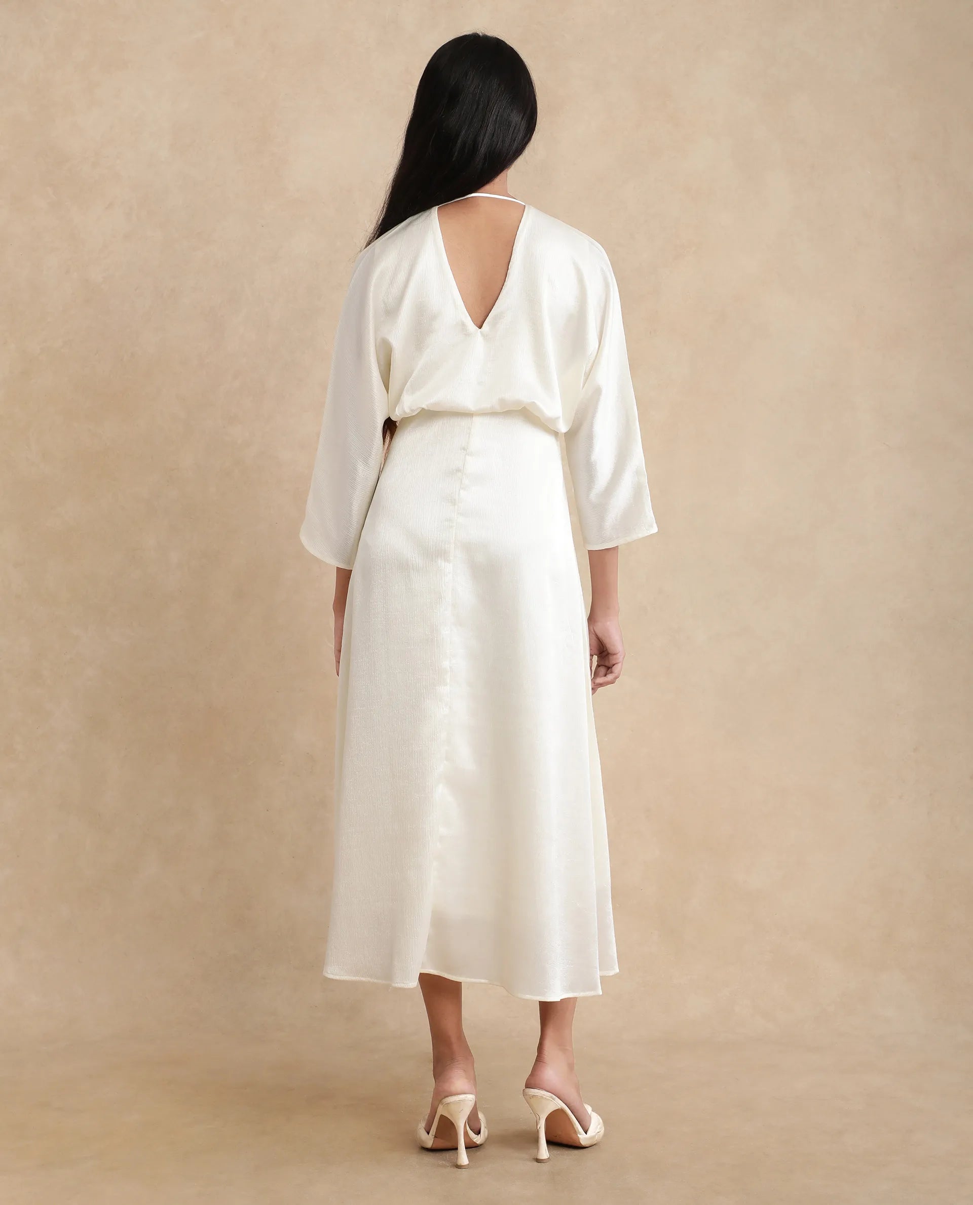 Rareism Women Somsho Off White Polyester Fabric Full Sleeve V-Neck Zipper Closure A-Line Maxi Plain Dress