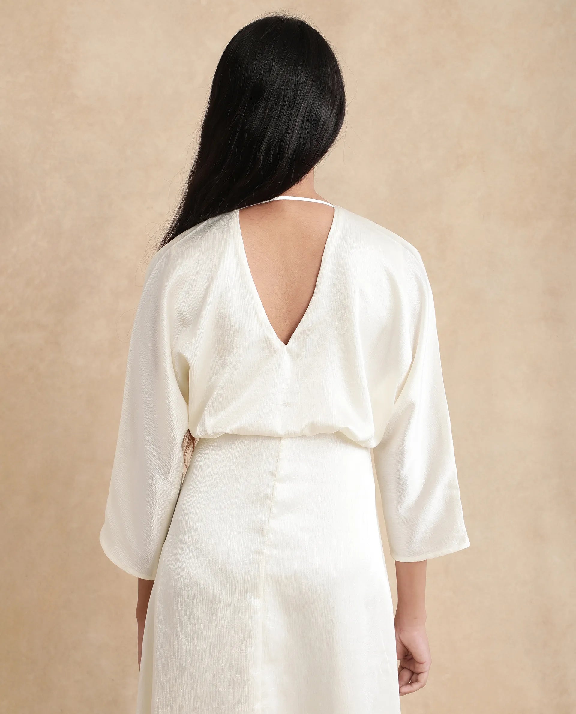 Rareism Women Somsho Off White Polyester Fabric Full Sleeve V-Neck Zipper Closure A-Line Maxi Plain Dress