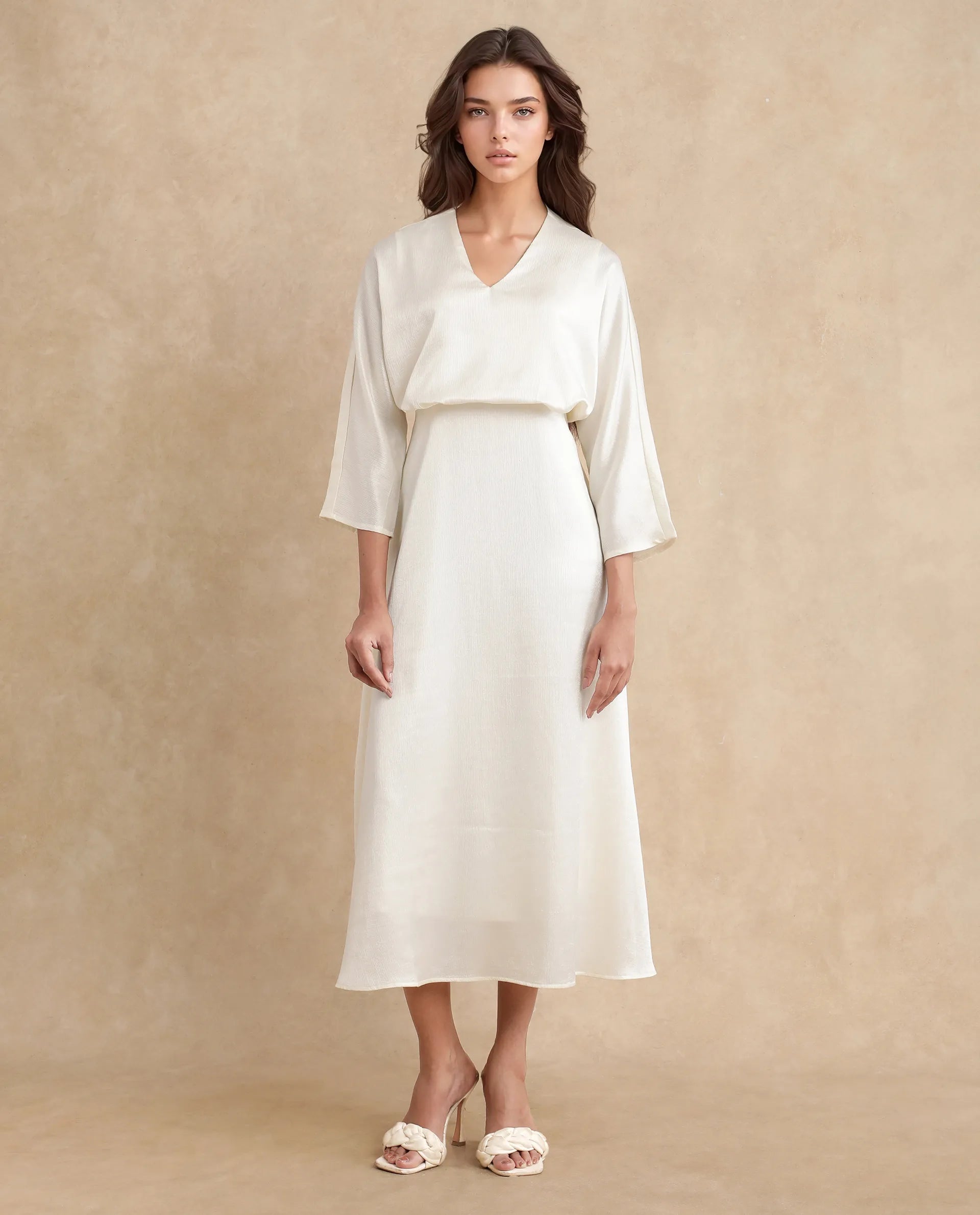 Rareism Women Somsho Off White Polyester Fabric Full Sleeve V-Neck Zipper Closure A-Line Maxi Plain Dress