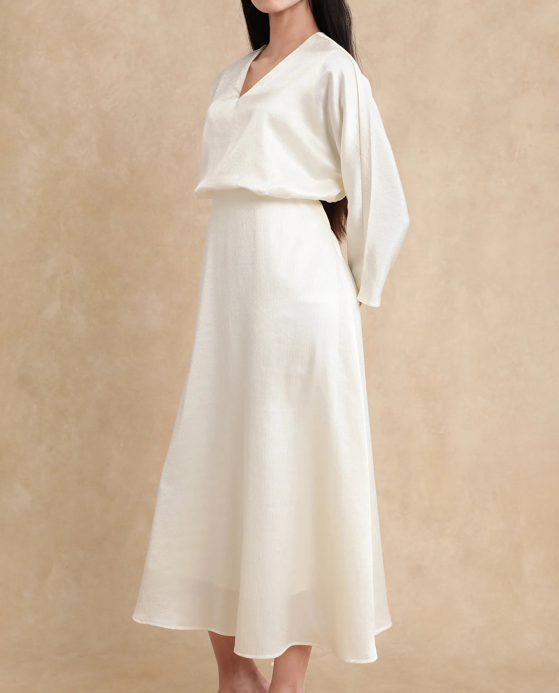 Rareism Women Somsho Off White Polyester Fabric Full Sleeve V-Neck Zipper Closure A-Line Maxi Plain Dress