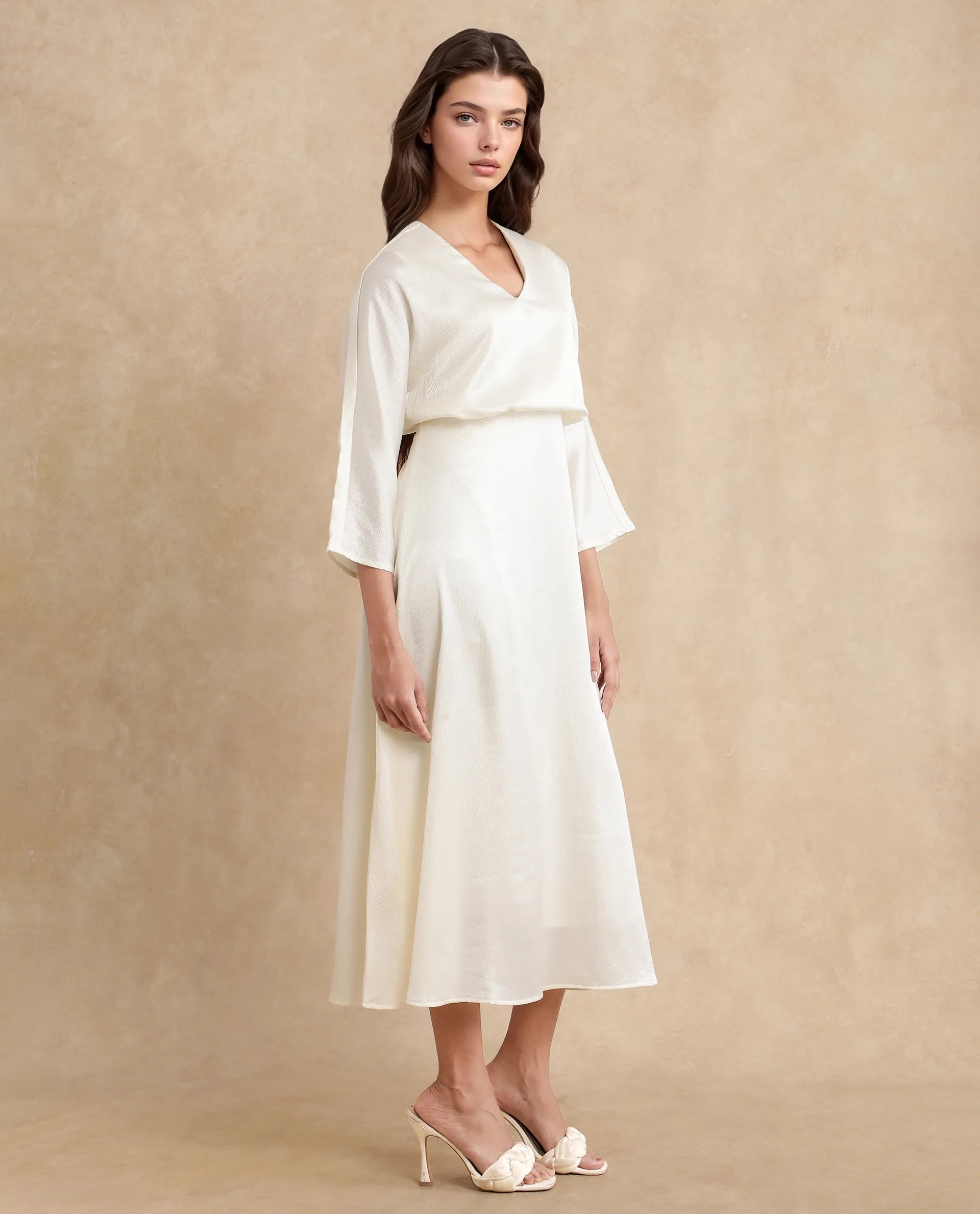 Rareism Women Somsho Off White Polyester Fabric Full Sleeve V-Neck Zipper Closure A-Line Maxi Plain Dress